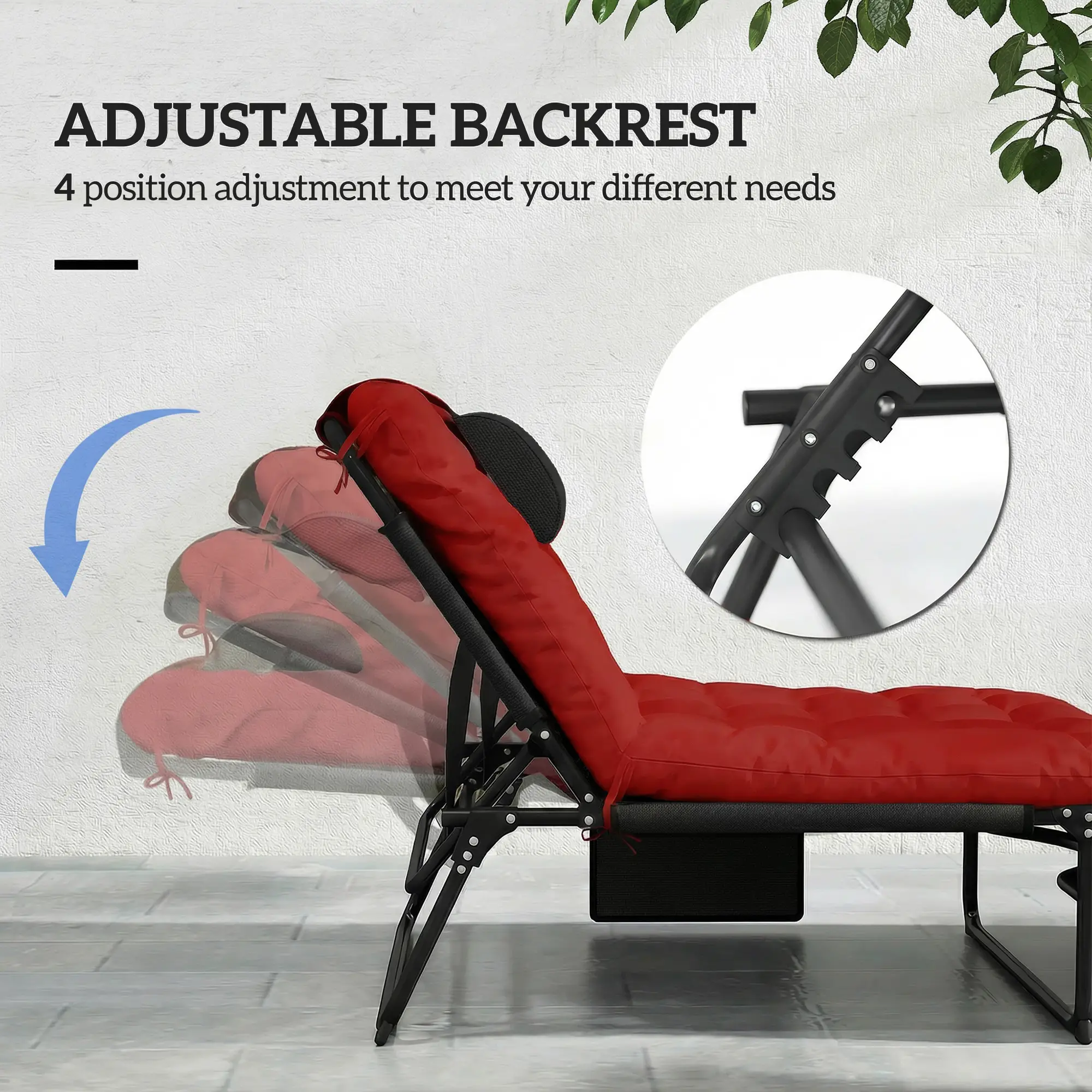 Folding Lounge Chair, 4-Level Reclining Back, Wine Red - Image 4
