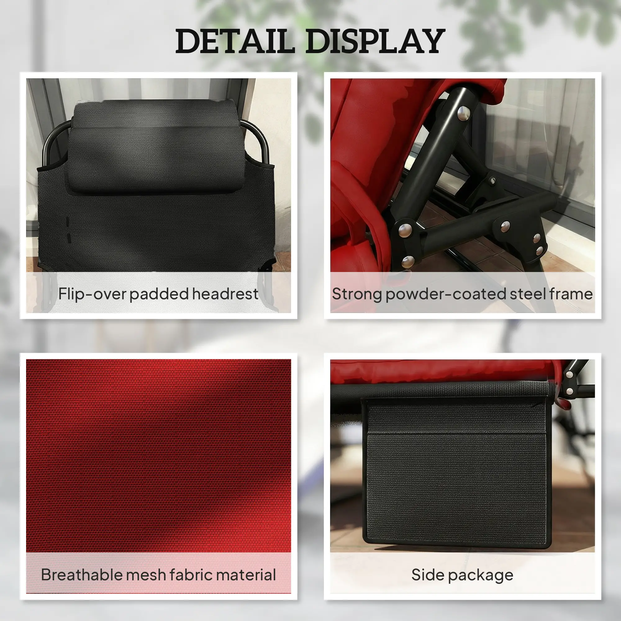 Folding Lounge Chair, 4-Level Reclining Back, Wine Red - Image 6