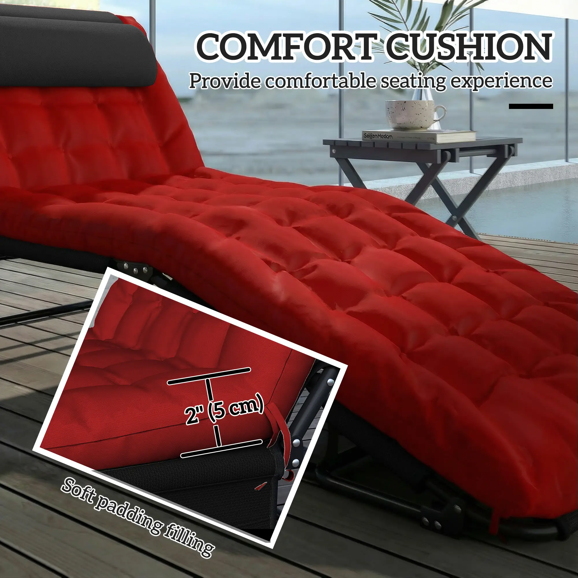 Folding Lounge Chair, 4-Level Reclining Back, Wine Red - Image 7