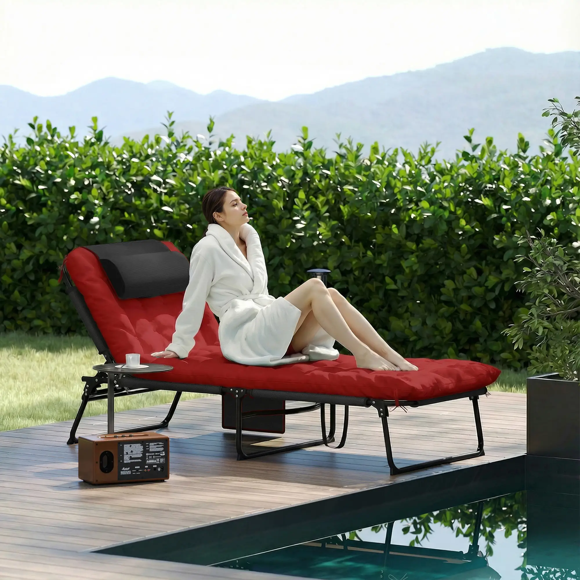 Folding Lounge Chair, 4-Level Reclining Back, Wine Red - Image 8