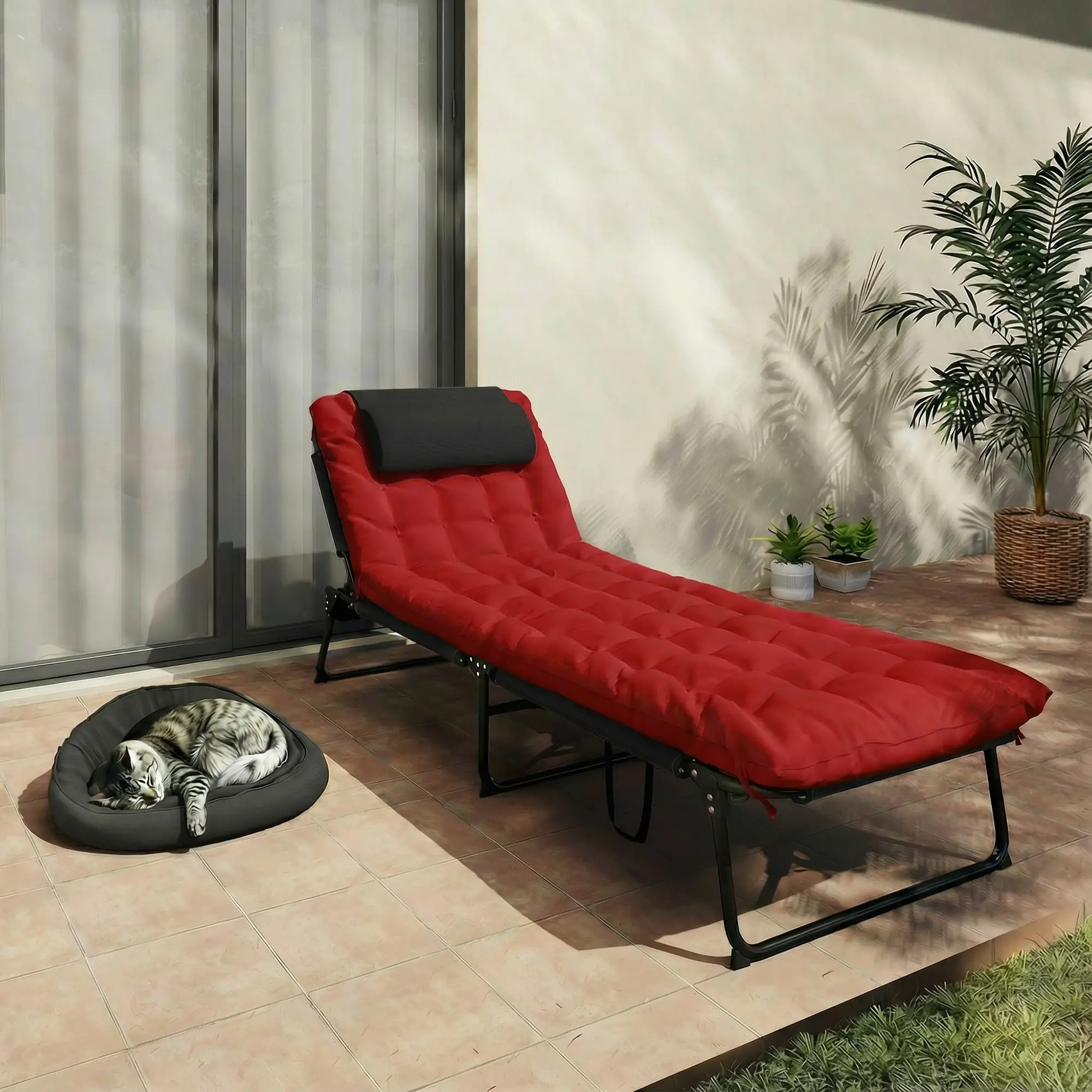Folding Lounge Chair, 4-Level Reclining Back, Wine Red - Image 9