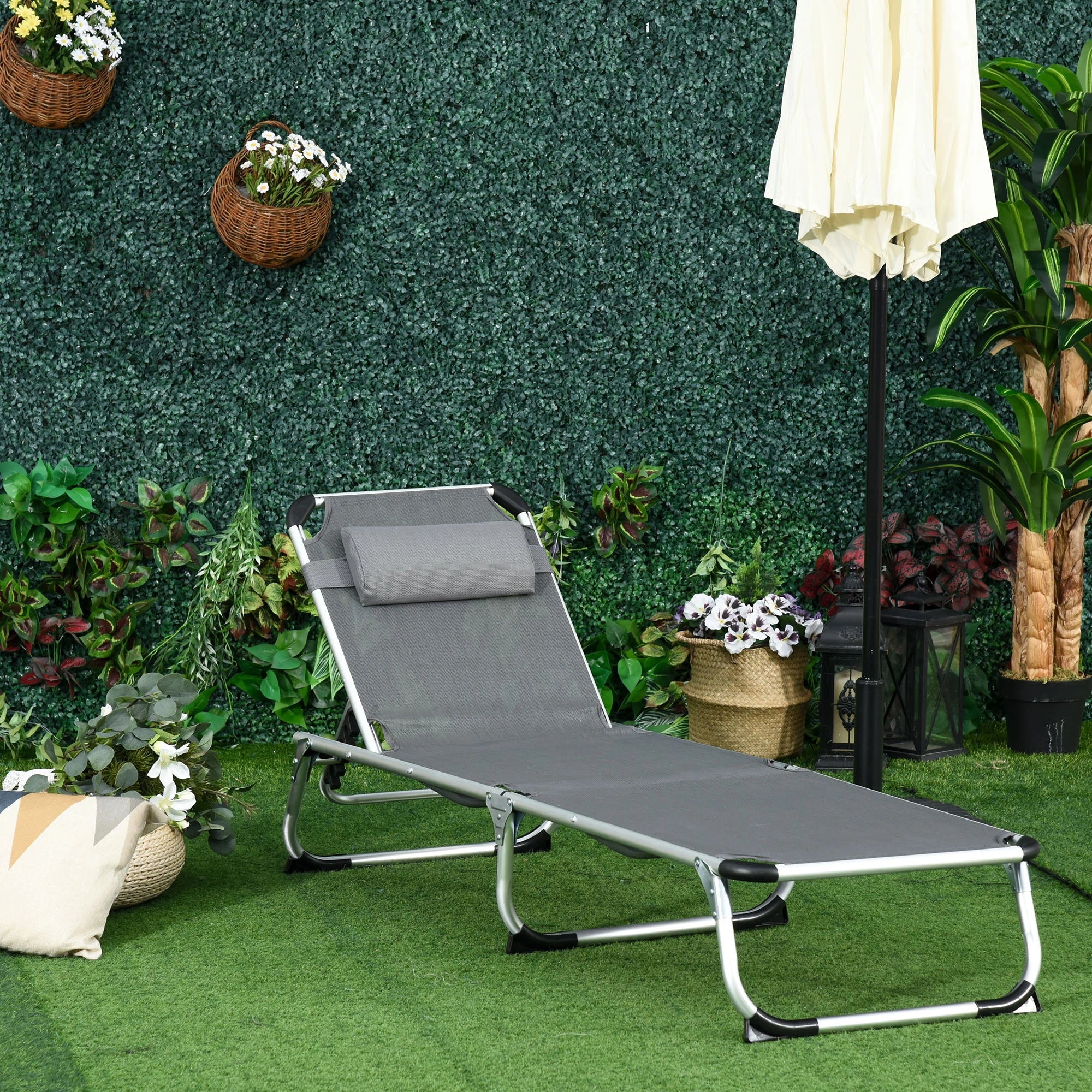 Folding Lounge Chair, Adjustable Backrest, Aluminum Frame, Grey - Image 2