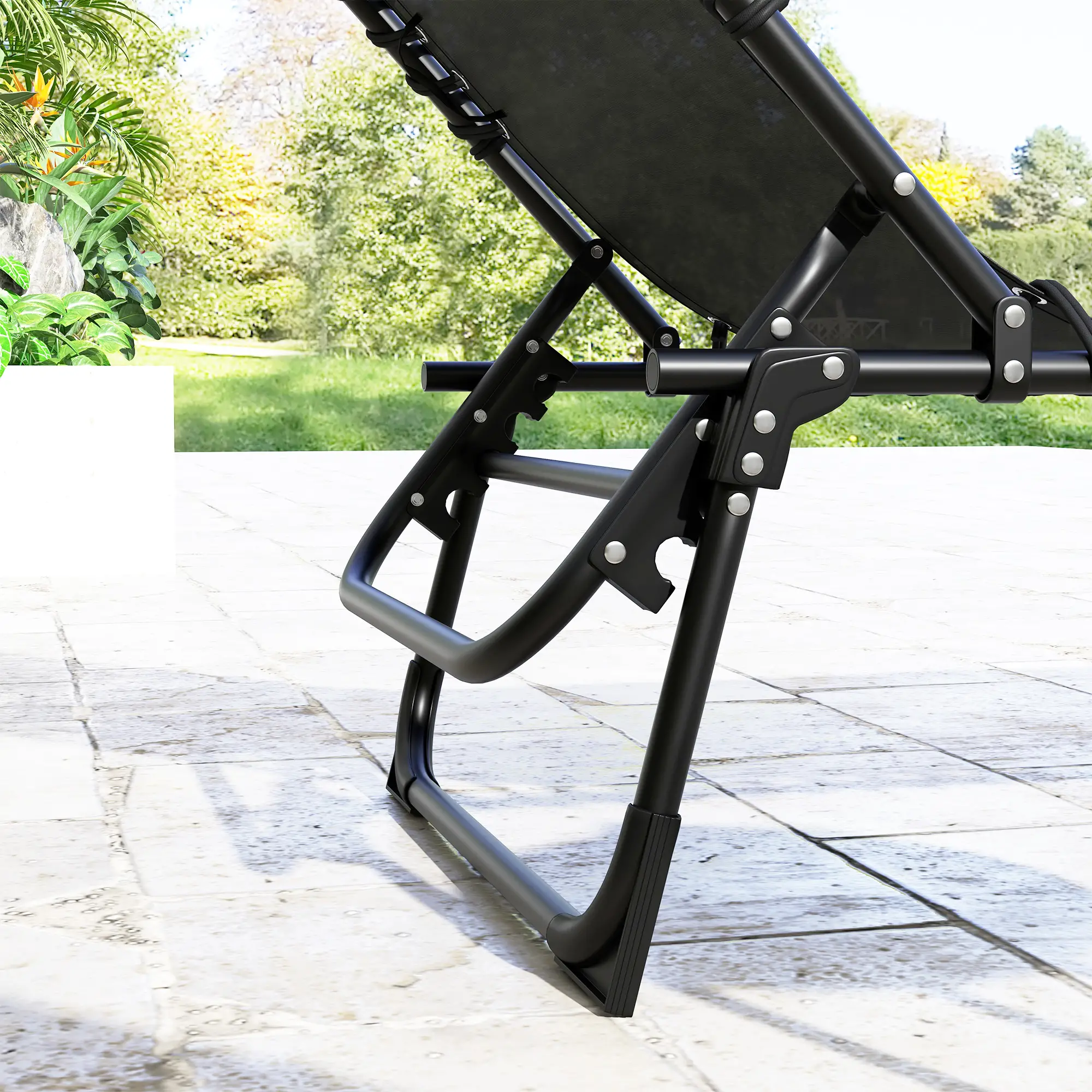 Folding Lounge Chair, Adjustable Chaise With Headrest, Black - Image 10