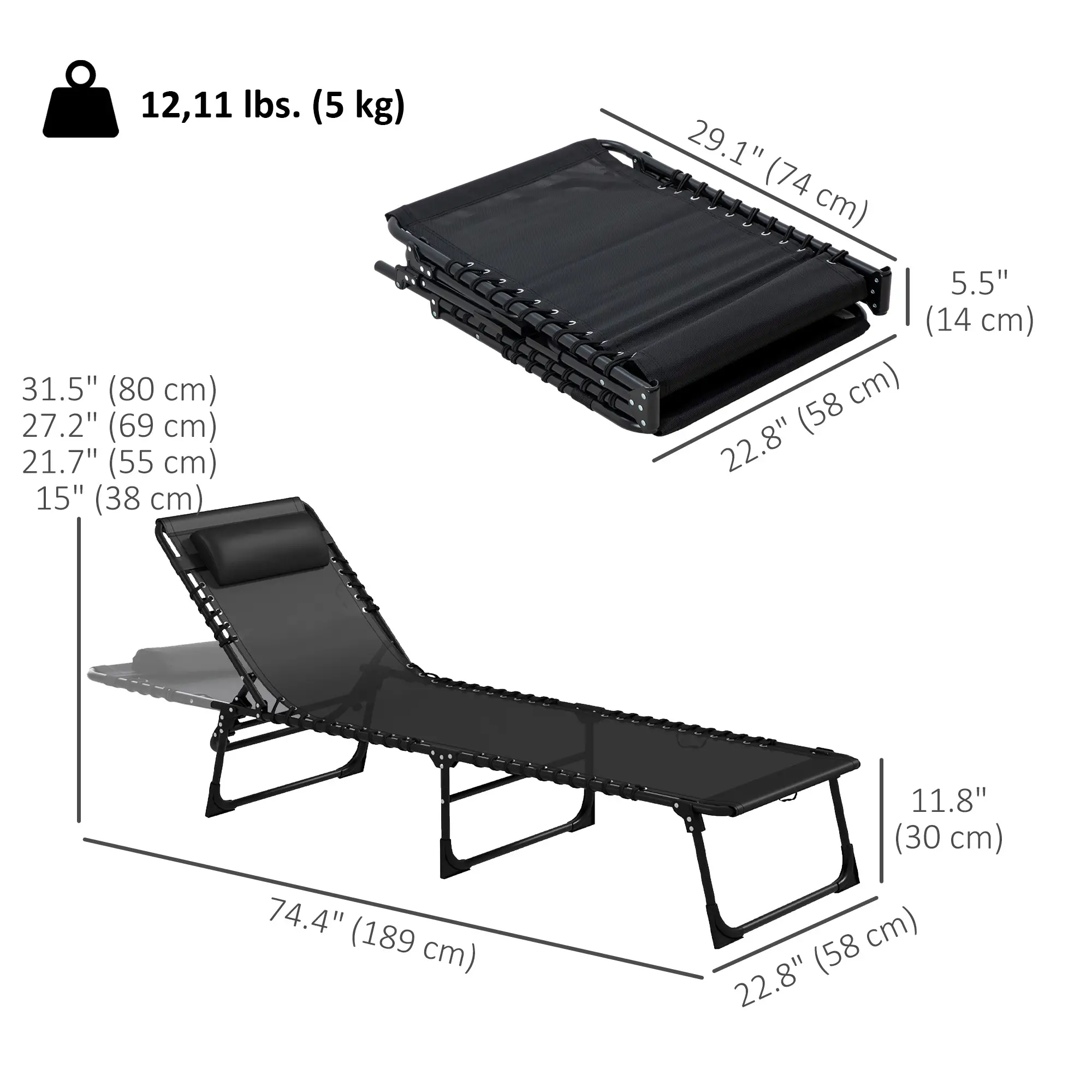 Folding Lounge Chair, Adjustable Chaise With Headrest, Black - Image 3