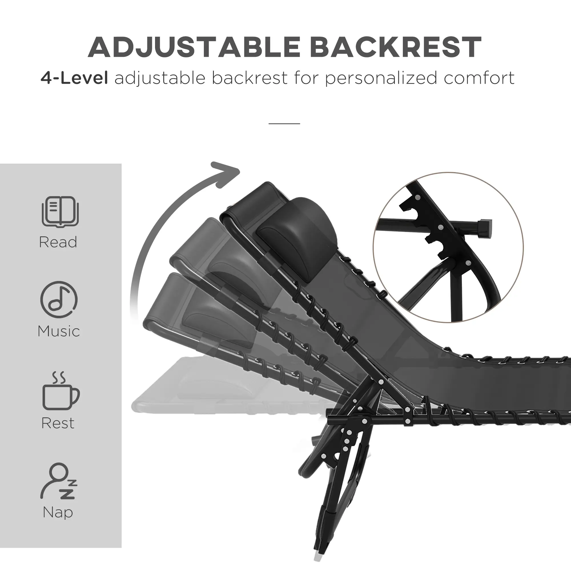 Folding Lounge Chair, Adjustable Chaise With Headrest, Black - Image 4