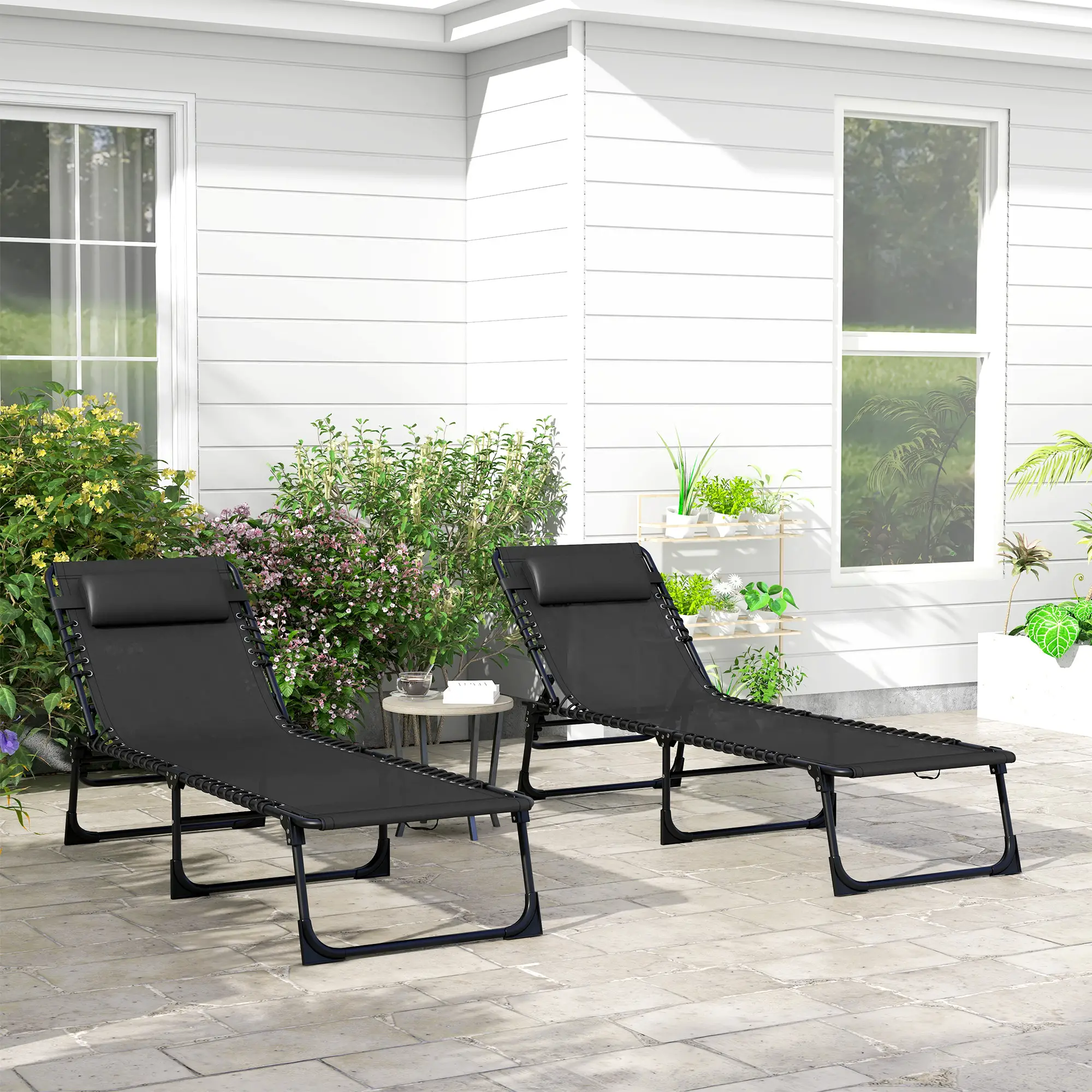 Folding Lounge Chair, Adjustable Chaise With Headrest, Black - Image 8
