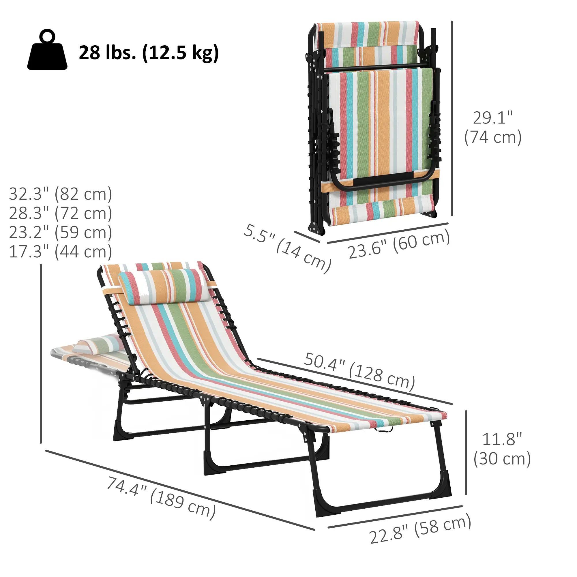 Folding Lounge Chair, Adjustable Chaise With Headrest, Multi-Colored - Image 3
