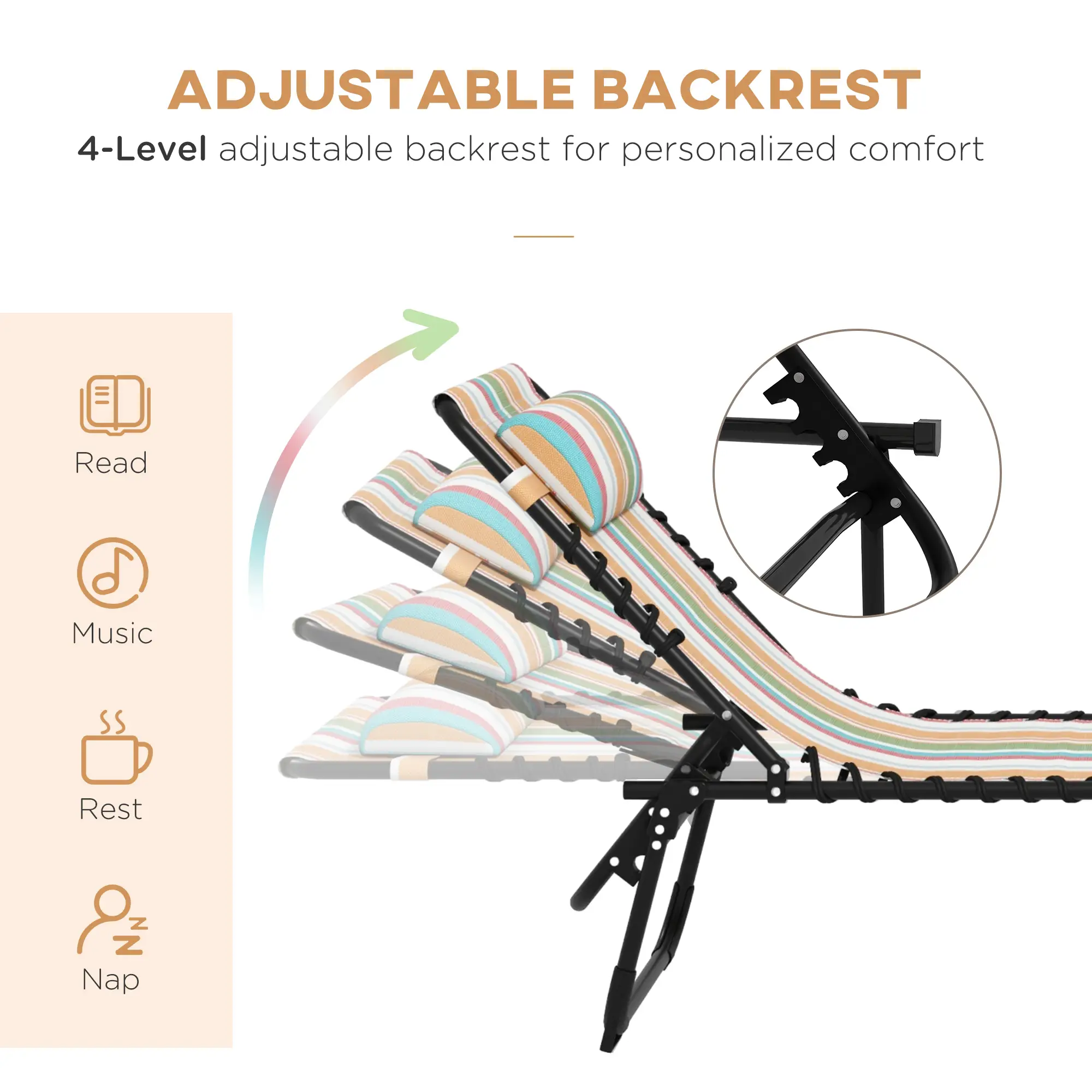 Folding Lounge Chair, Adjustable Chaise With Headrest, Multi-Colored - Image 4
