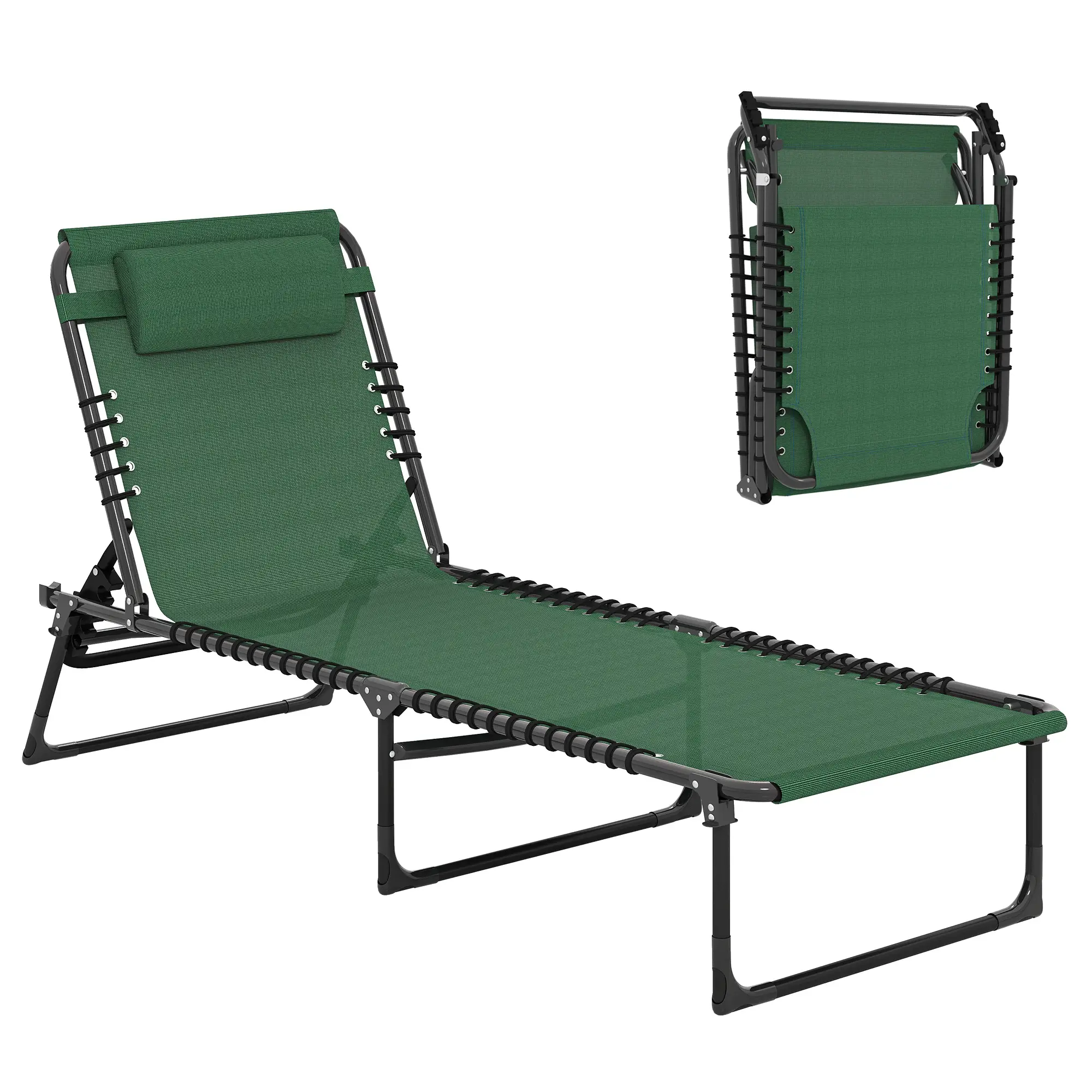 Folding Lounge Chair, Adjustable Chaise With Headrest, Reclining Cot, Green