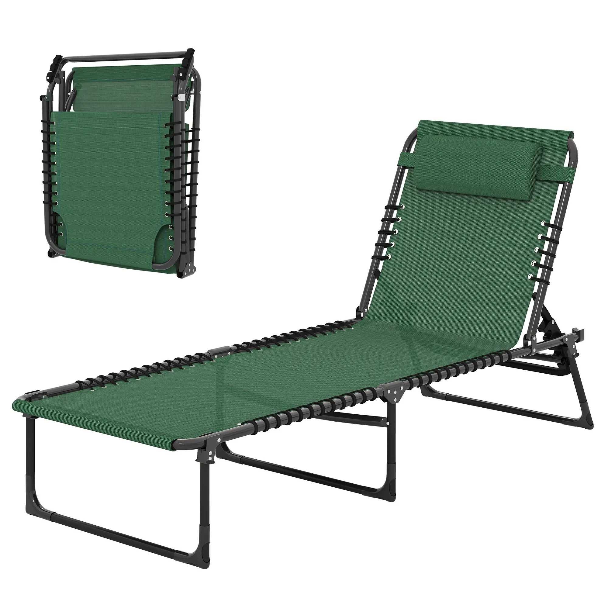 Folding Lounge Chair, Adjustable Chaise With Headrest, Reclining Cot, Green - Image 11