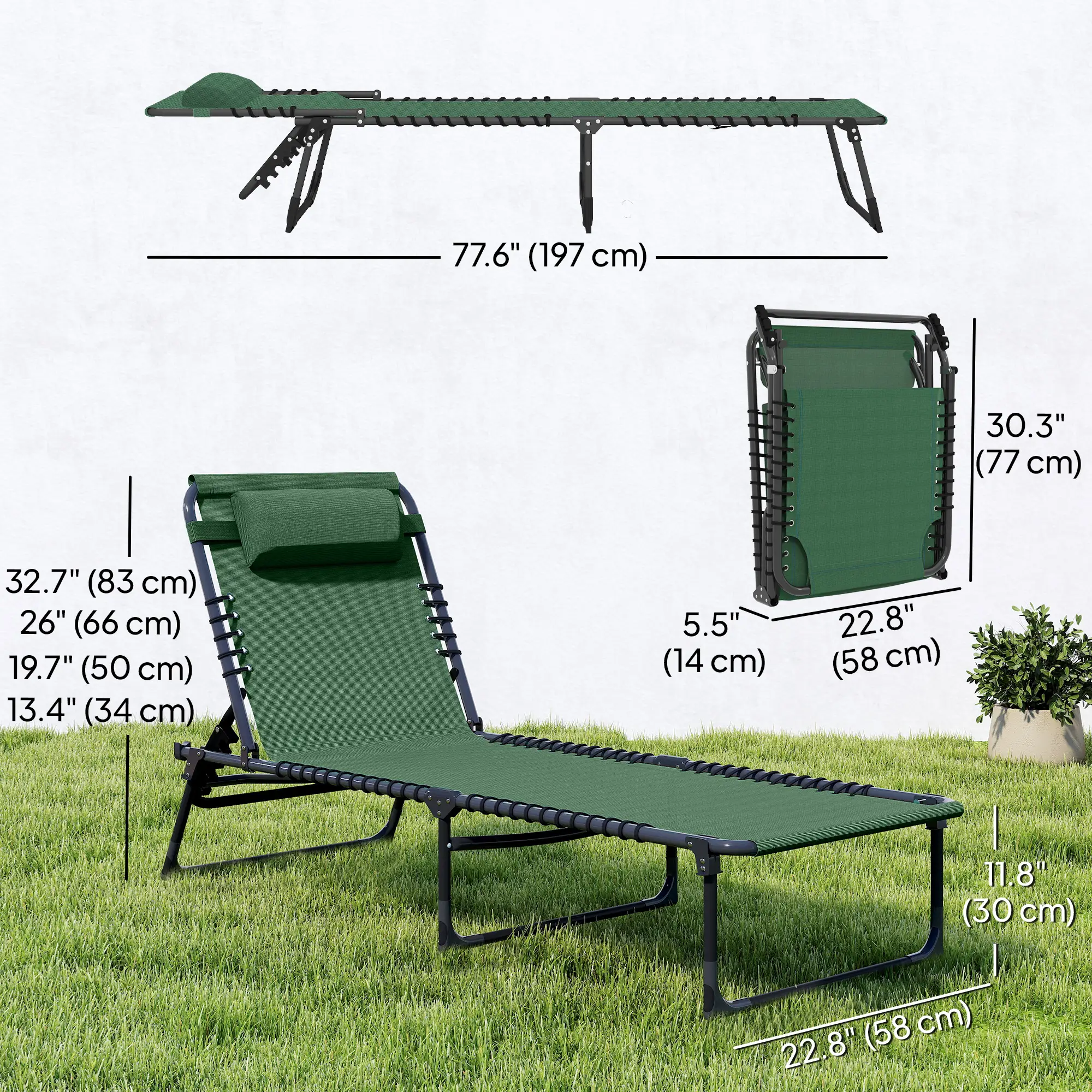 Folding Lounge Chair, Adjustable Chaise With Headrest, Reclining Cot, Green - Image 3
