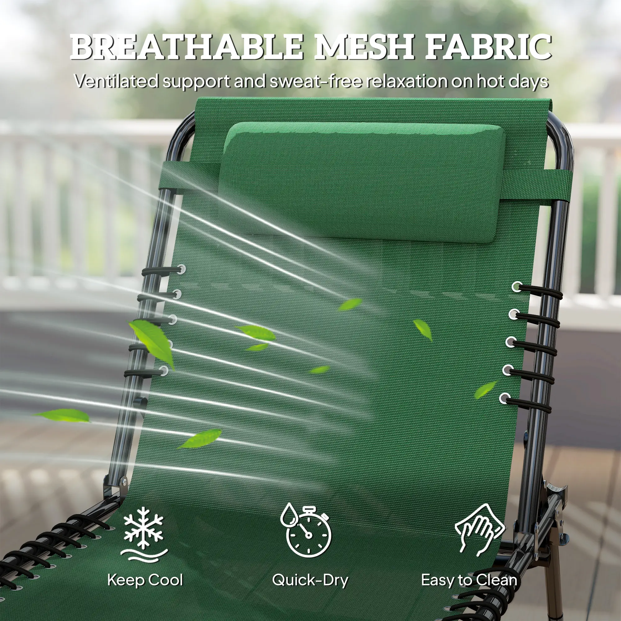 Folding Lounge Chair, Adjustable Chaise With Headrest, Reclining Cot, Green - Image 5