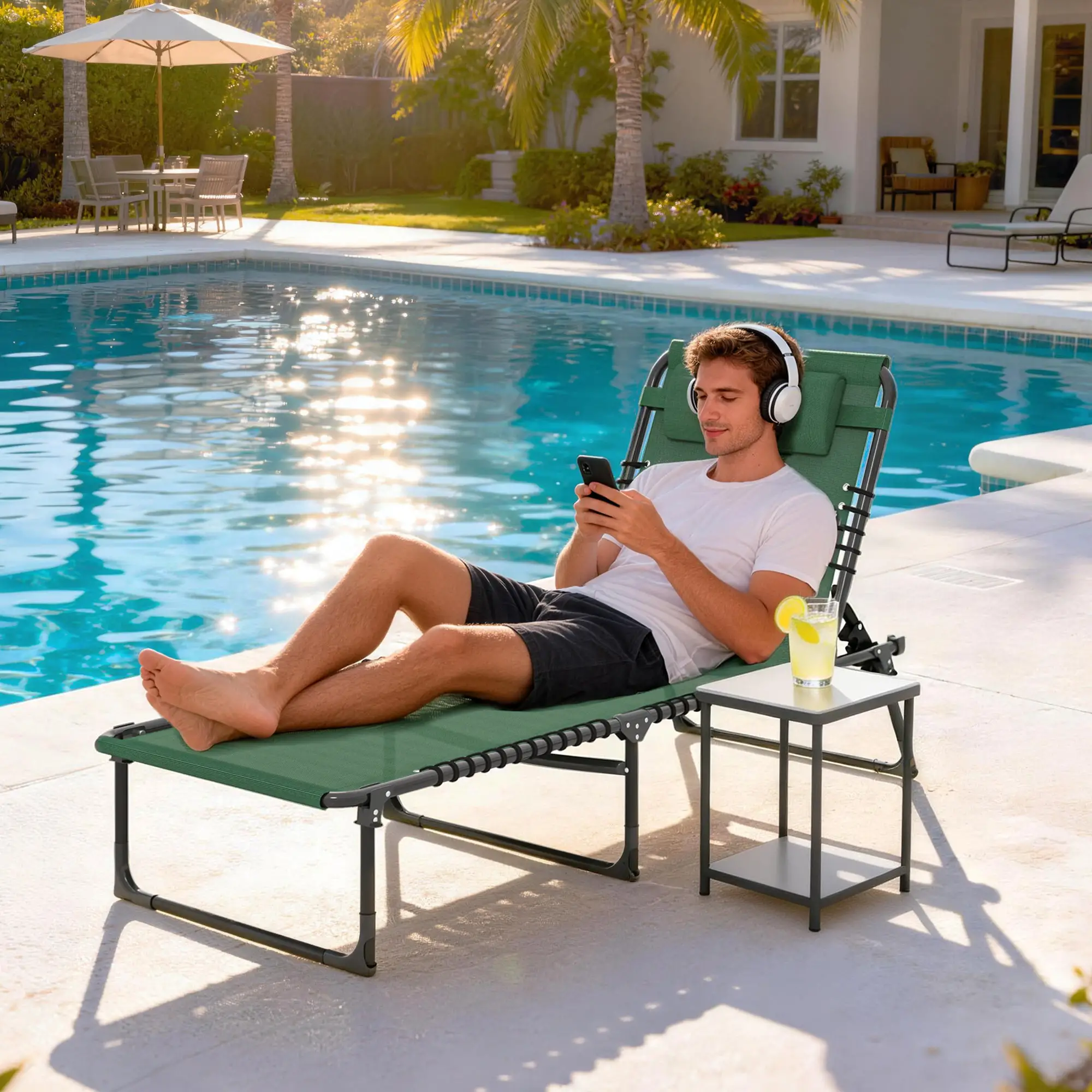 Folding Lounge Chair, Adjustable Chaise With Headrest, Reclining Cot, Green - Image 8