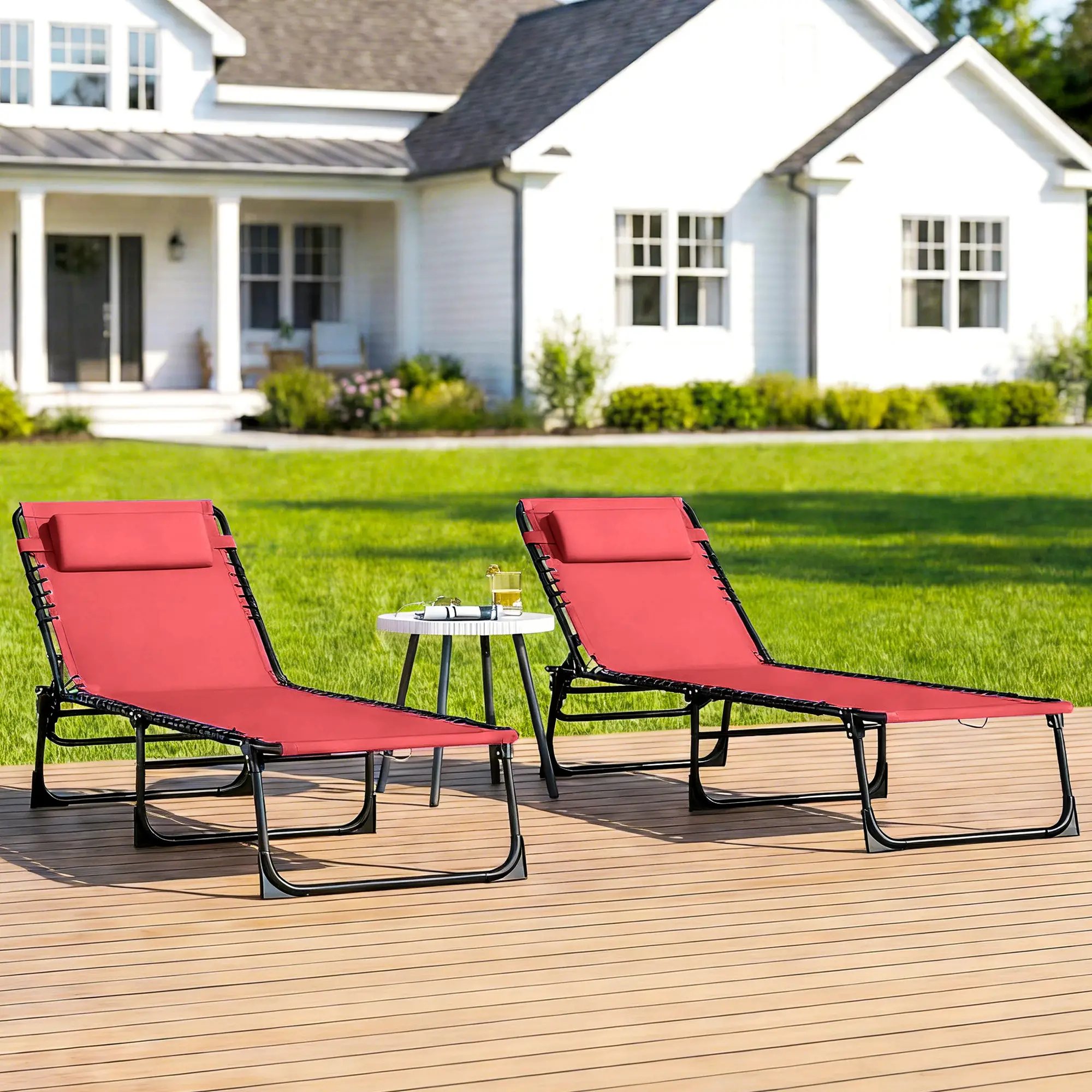 Folding Lounge Chair, Adjustable Chaise With Headrest, Reclining Cot, Wine Red - Image 10