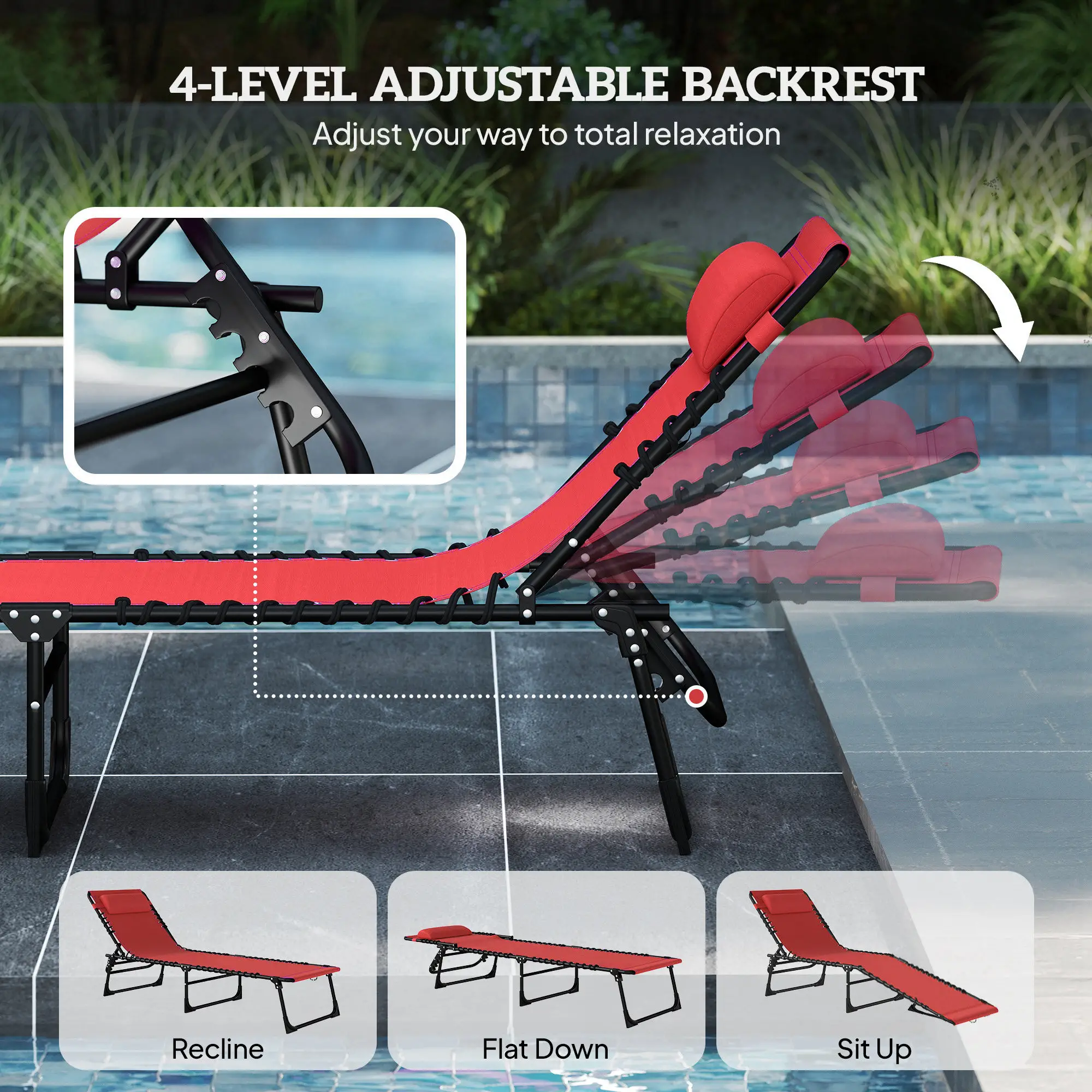 Folding Lounge Chair, Adjustable Chaise With Headrest, Reclining Cot, Wine Red - Image 4