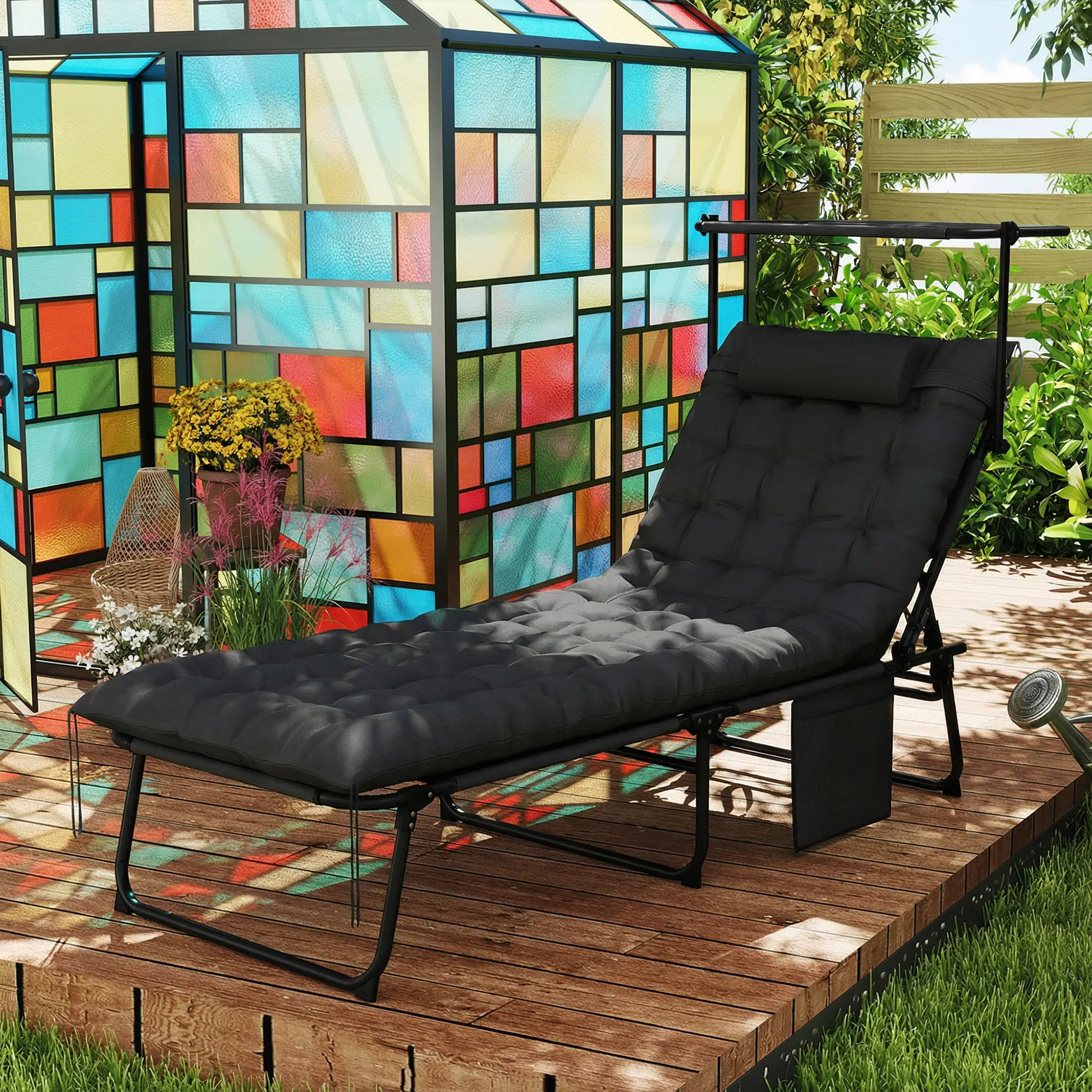 Folding Lounge Chair With Adjustable Canopy, 4-Position Tanning Chair, Black - Image 10