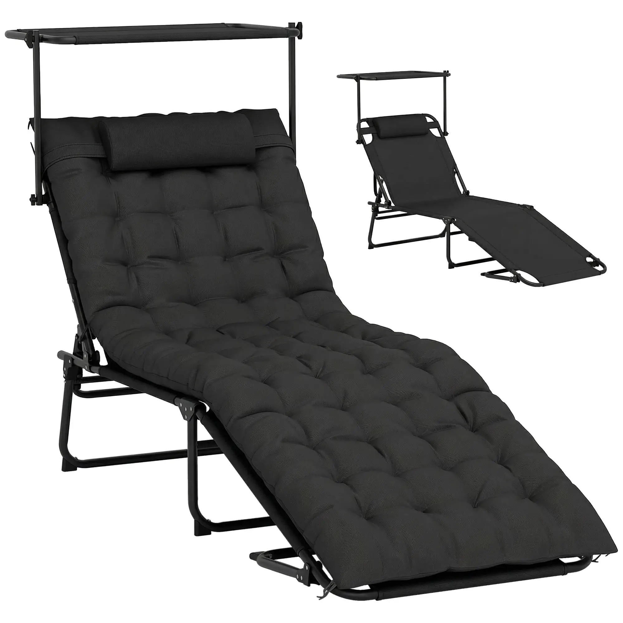 Folding Lounge Chair With Adjustable Canopy, 4-Position Tanning Chair, Black - Image 11