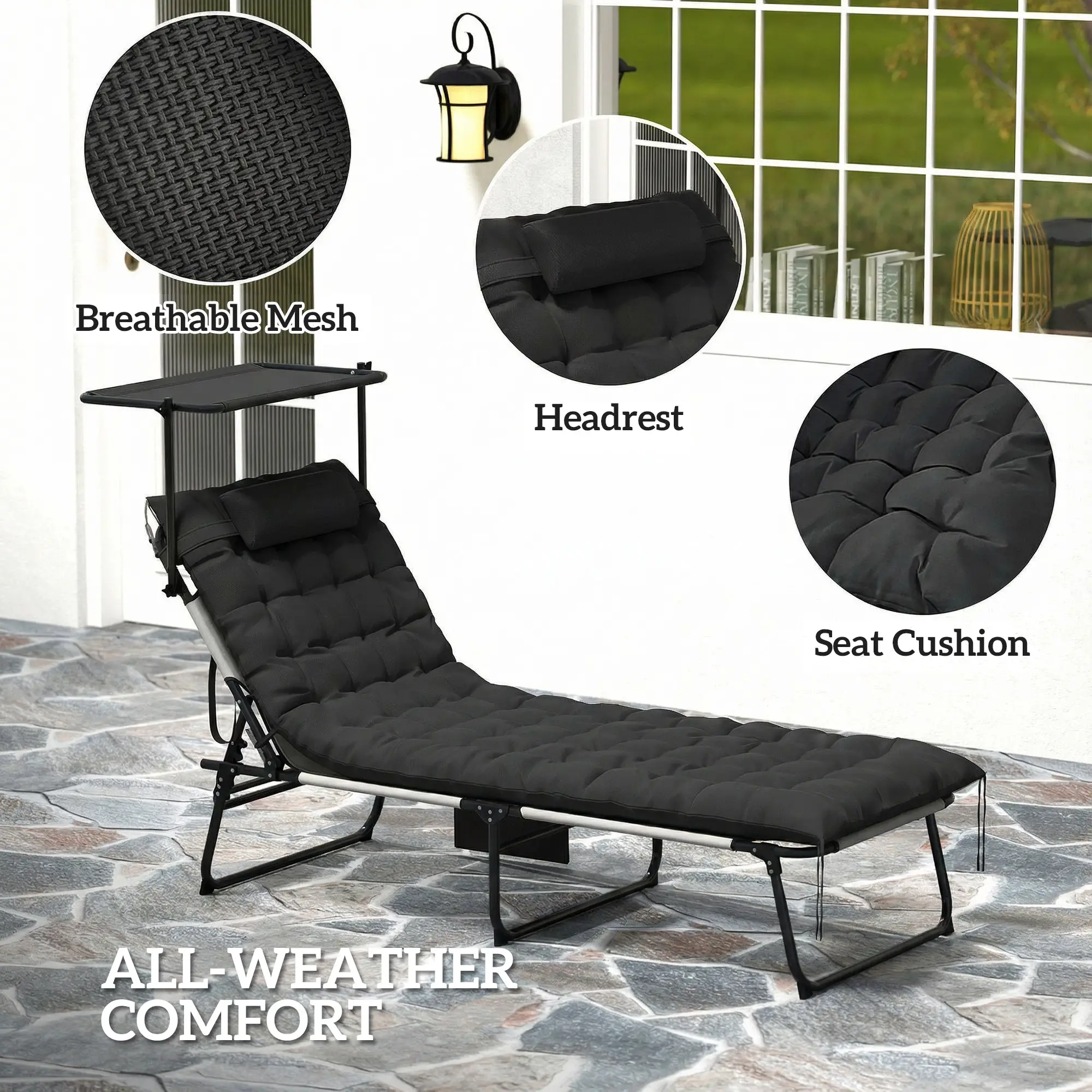 Folding Lounge Chair With Adjustable Canopy, 4-Position Tanning Chair, Black - Image 6