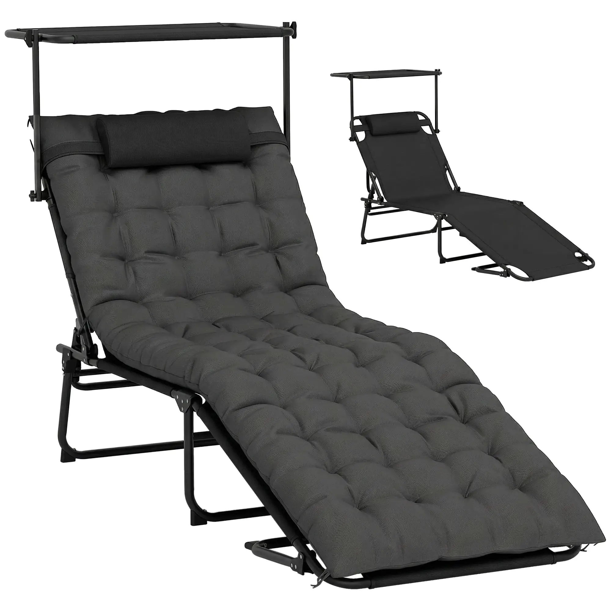 Folding Lounge Chair With Adjustable Canopy, 4-Position Tanning Chair, Dark Grey - Image 11