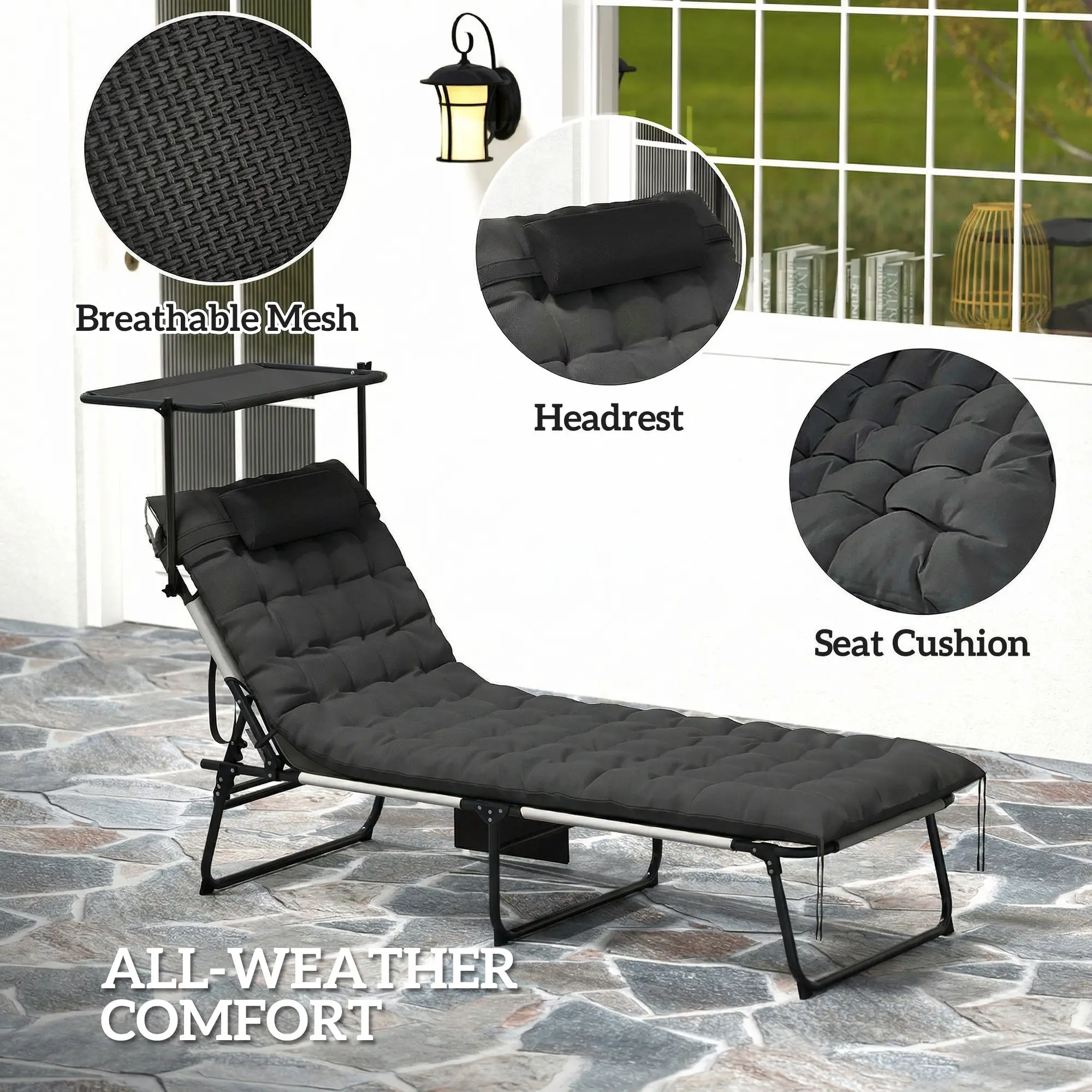 Folding Lounge Chair With Adjustable Canopy, 4-Position Tanning Chair, Dark Grey - Image 6