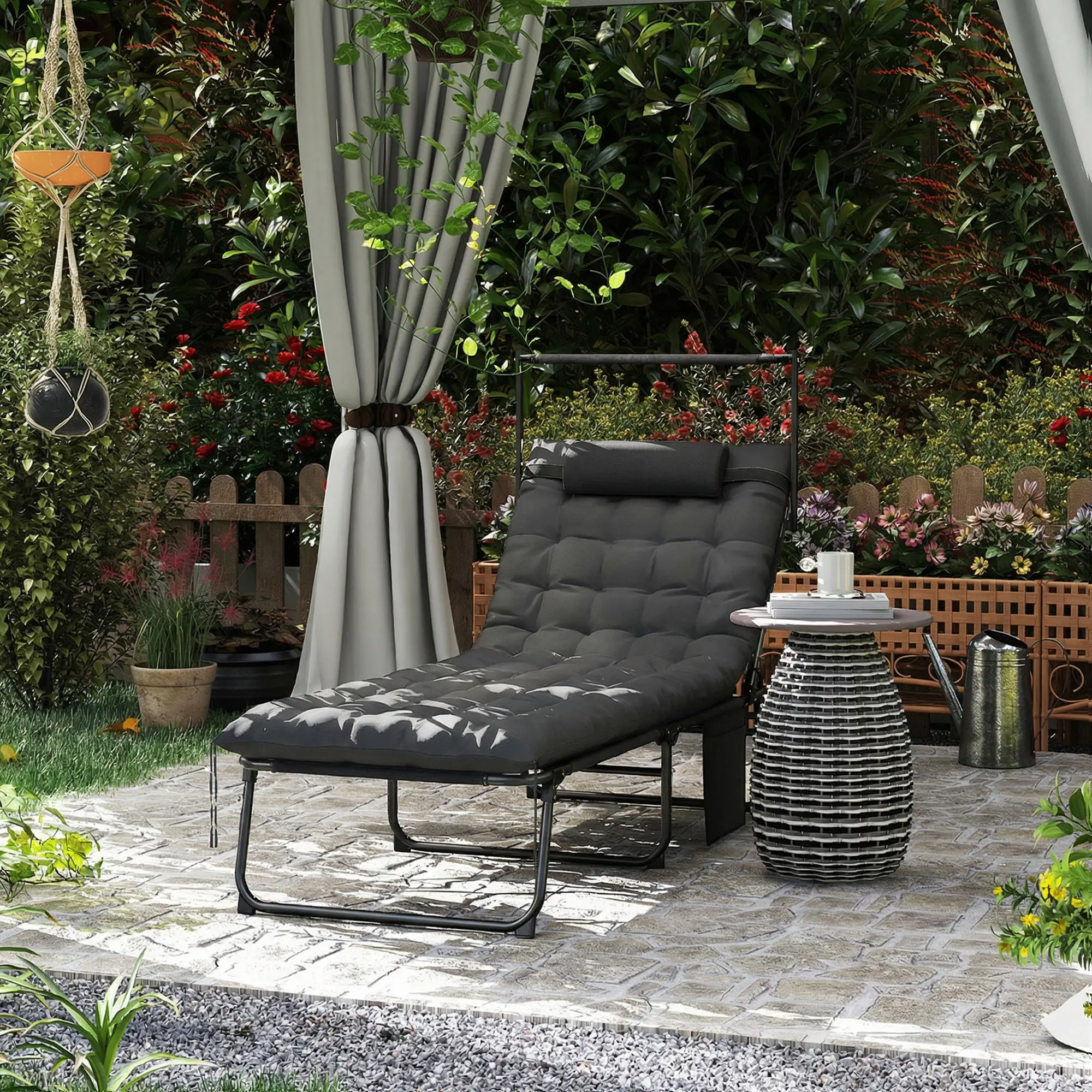Folding Lounge Chair With Adjustable Canopy, 4-Position Tanning Chair, Dark Grey - Image 8