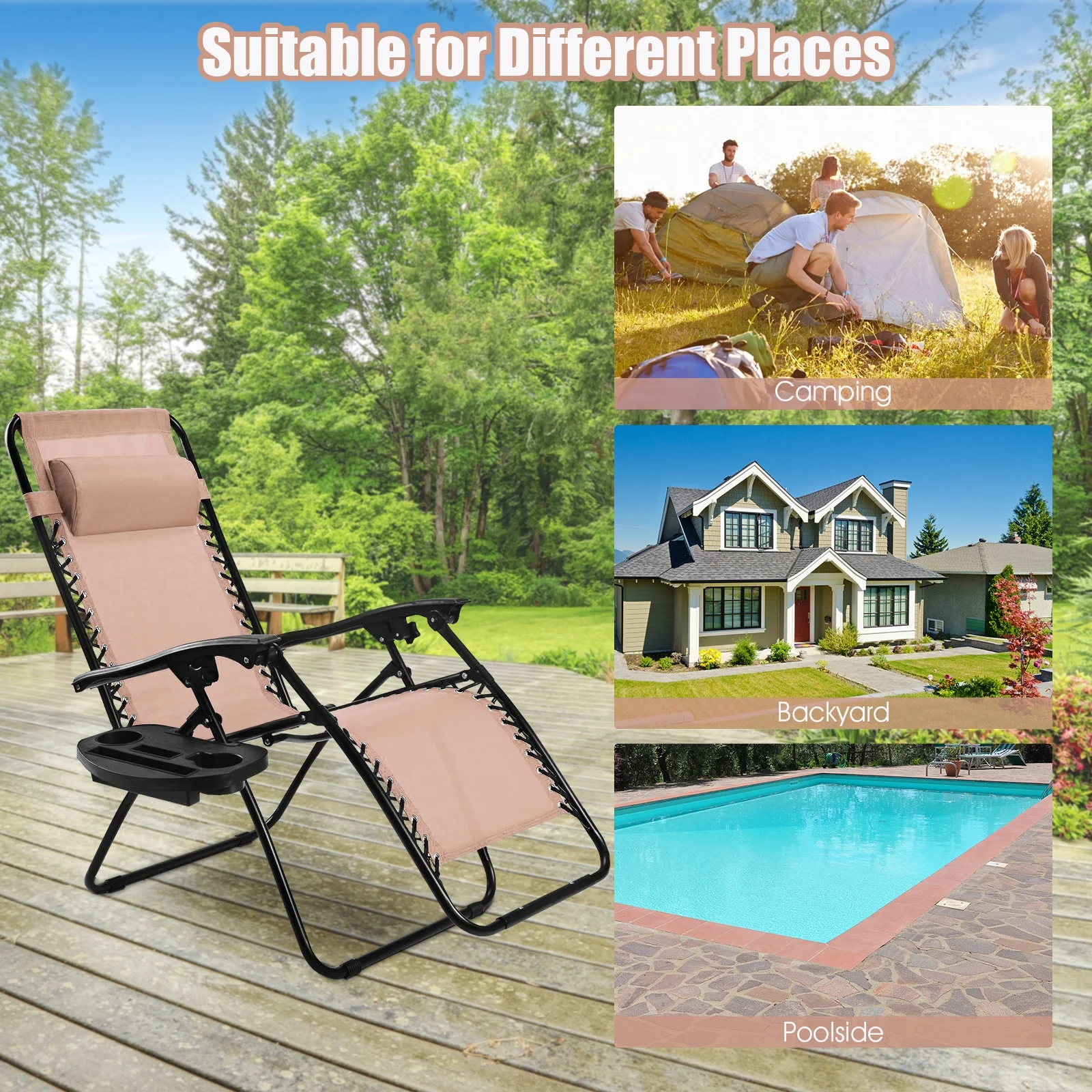 Folding Lounge Chair, Zero Gravity, 2 Pieces, Beige - Image 3