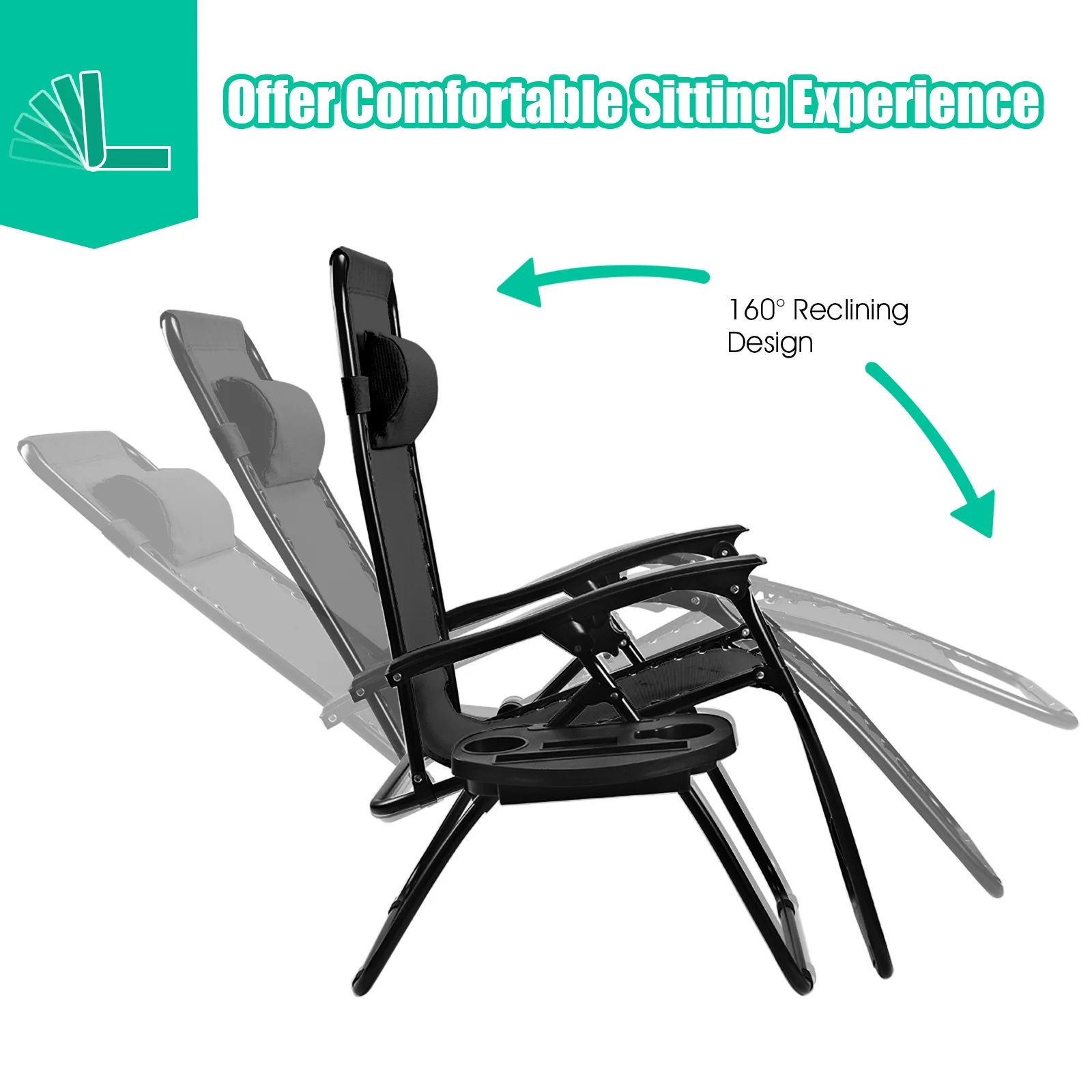 Folding Lounge Chair, Zero Gravity, 2 Pieces, Black - Image 10