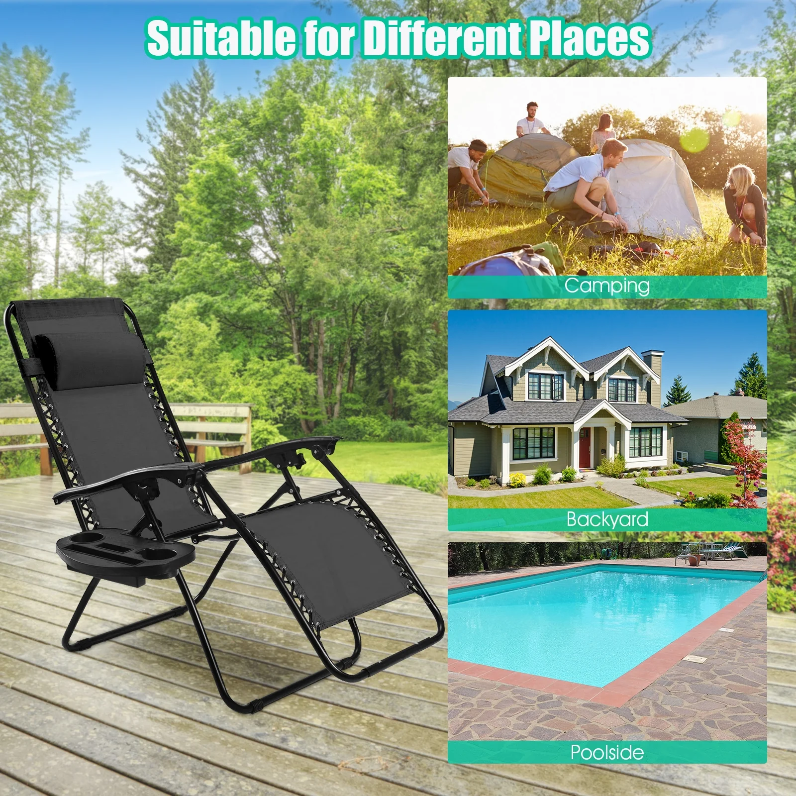 Folding Lounge Chair, Zero Gravity, 2 Pieces, Black - Image 3