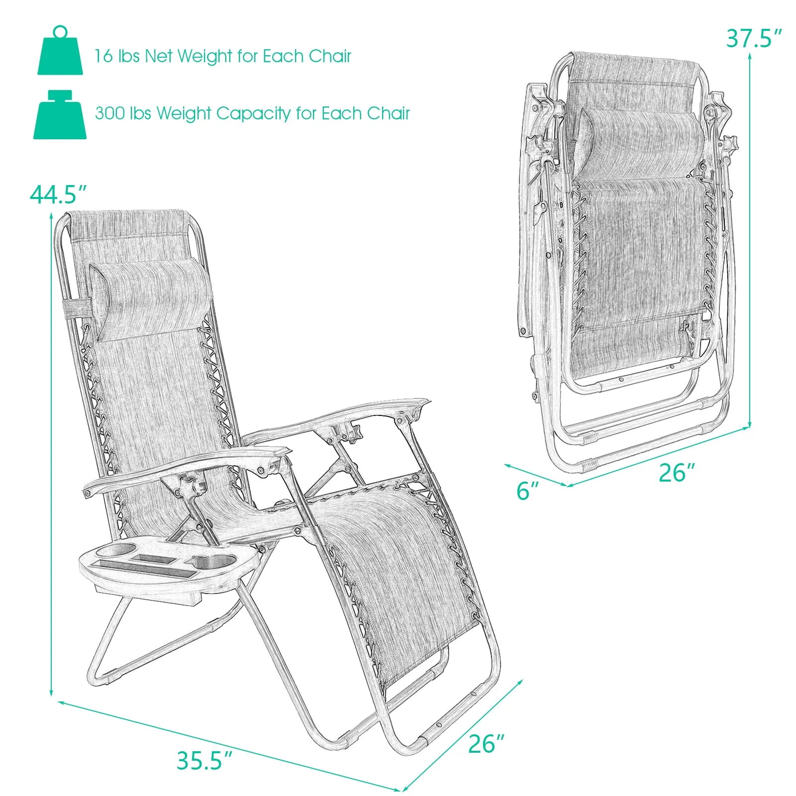 Folding Lounge Chair, Zero Gravity, 2 Pieces, Black - Image 5
