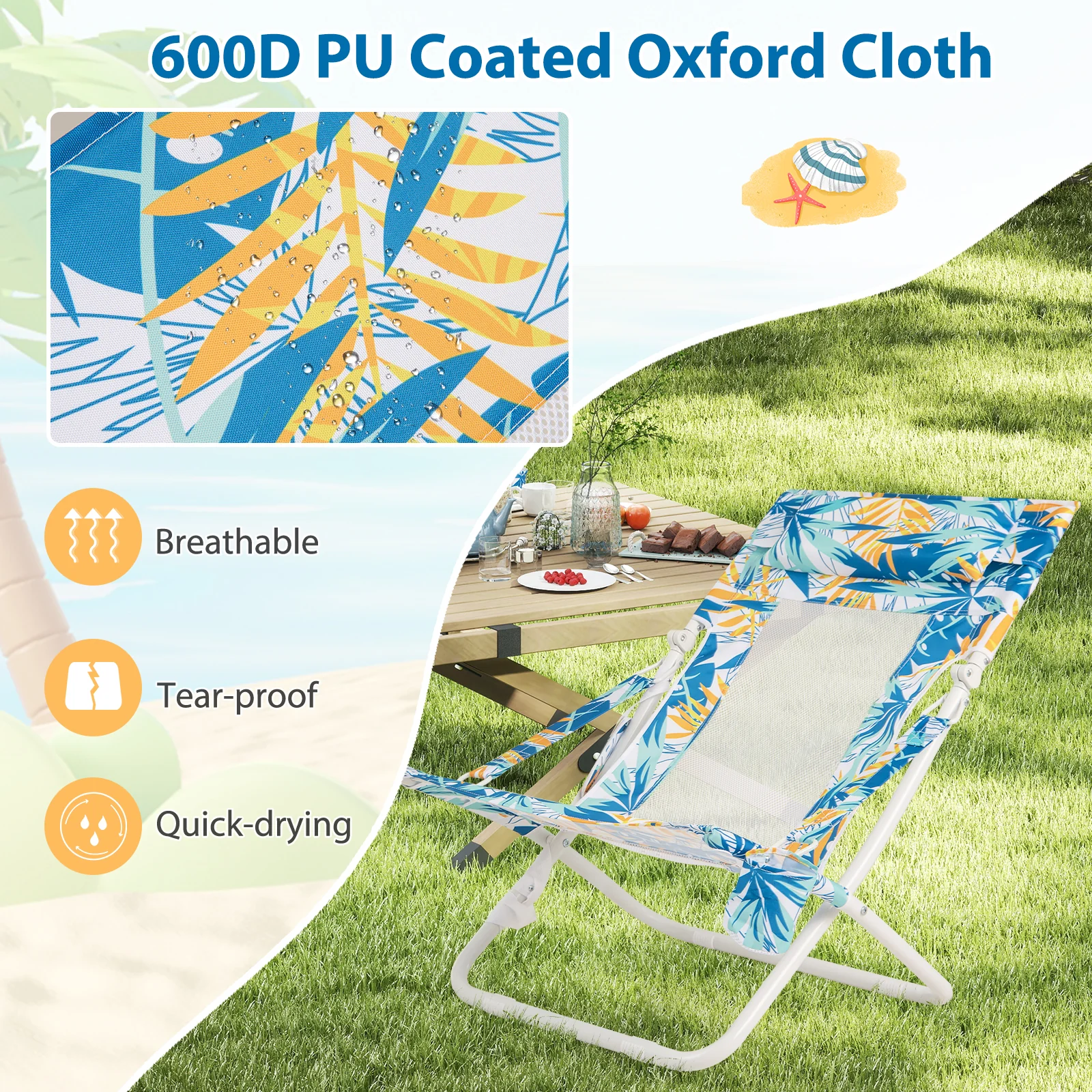 Folding Low Beach Chair Set of 2 Patio Sling Chairs with Padded Head Pillow, Blue - Image 10