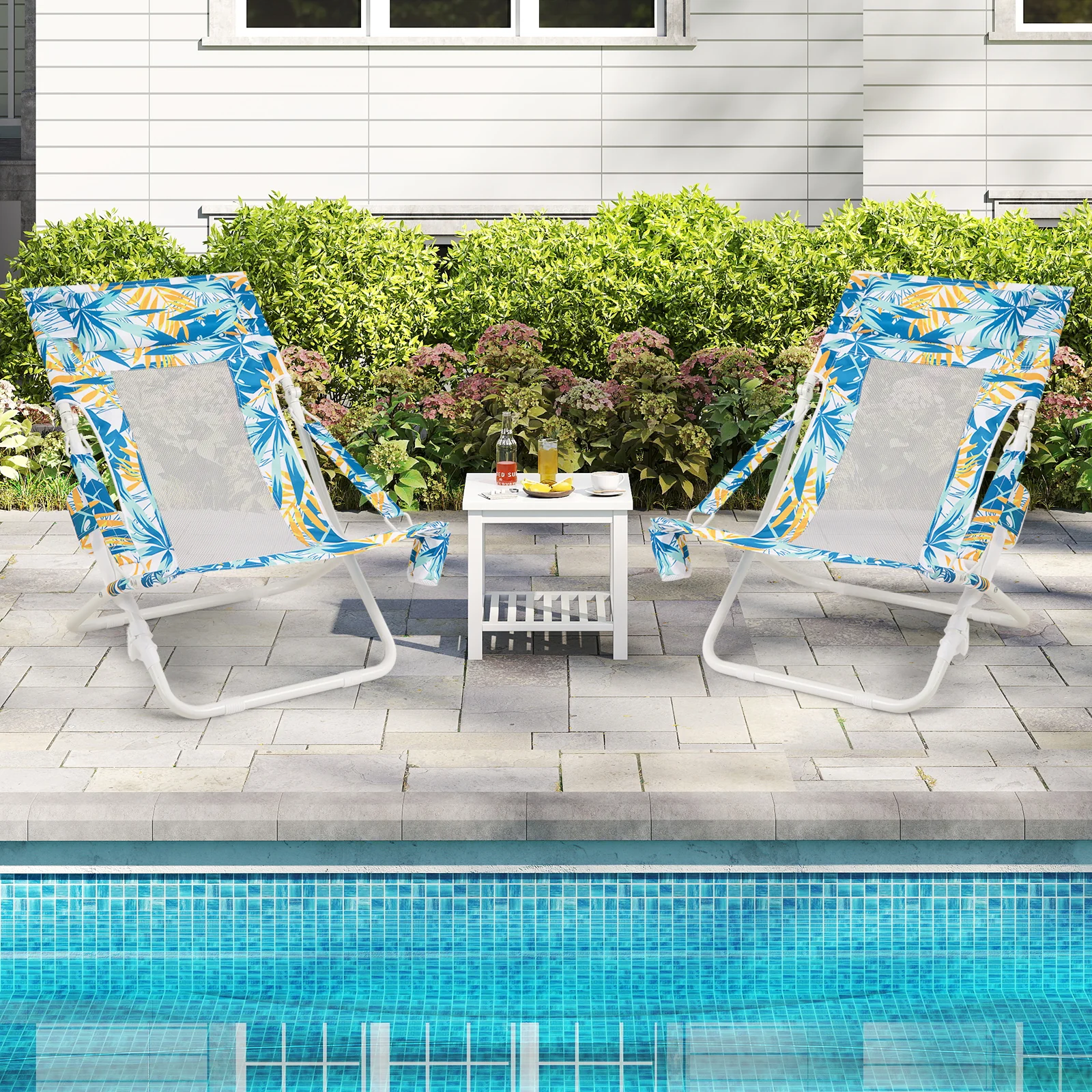 Folding Low Beach Chair Set of 2 Patio Sling Chairs with Padded Head Pillow, Blue - Image 2