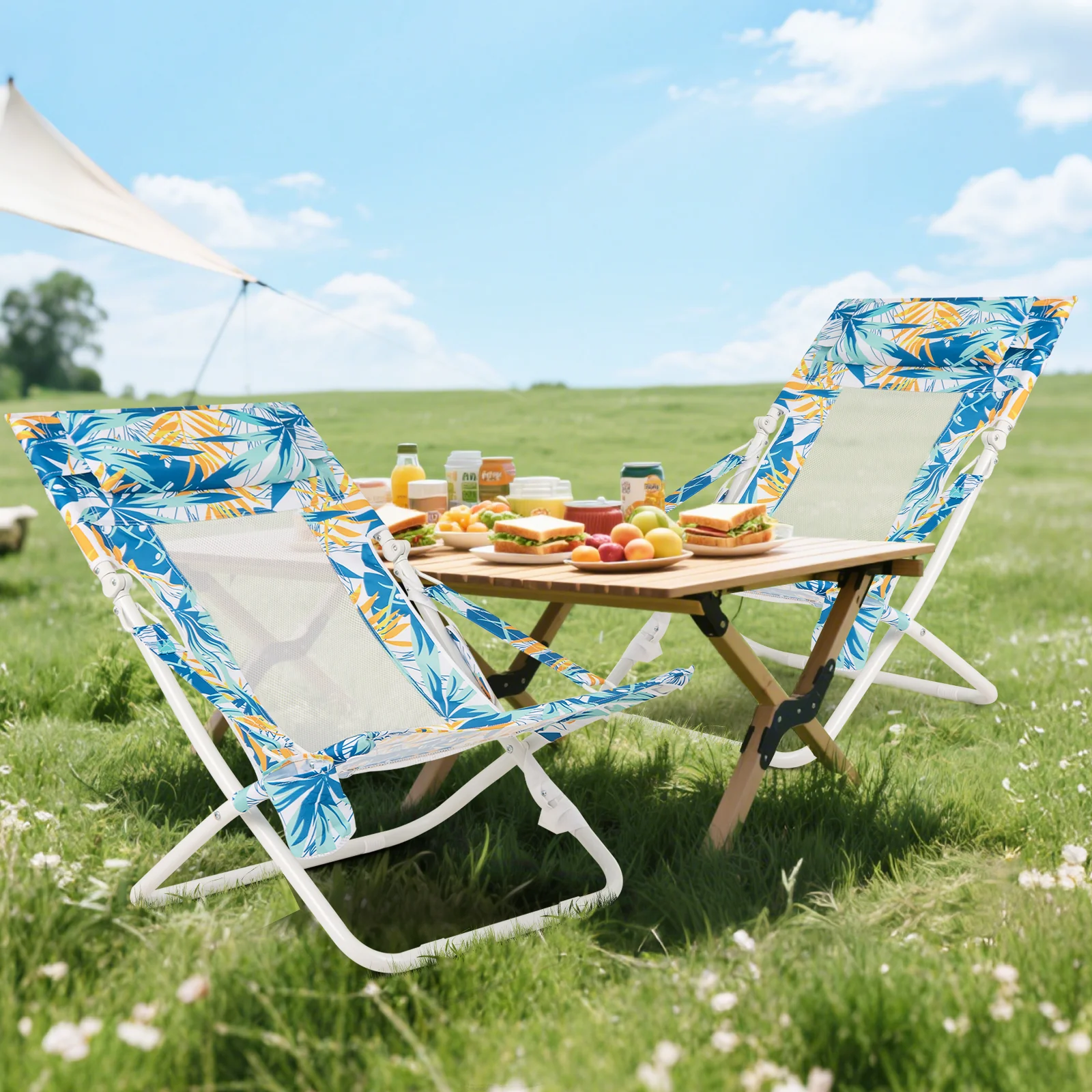 Folding Low Beach Chair Set of 2 Patio Sling Chairs with Padded Head Pillow, Blue - Image 3