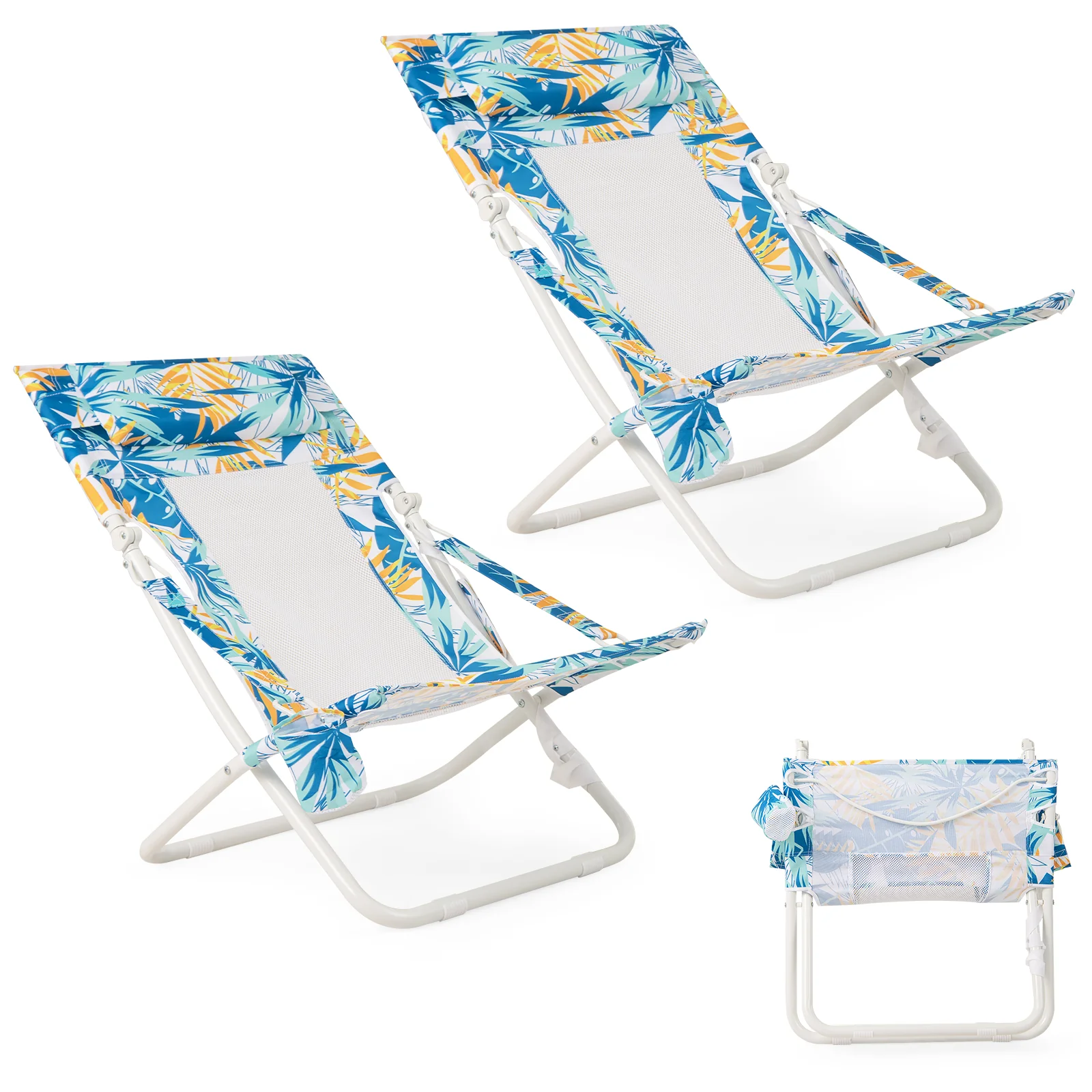 Folding Low Beach Chair Set of 2 Patio Sling Chairs with Padded Head Pillow, Blue - Image 4