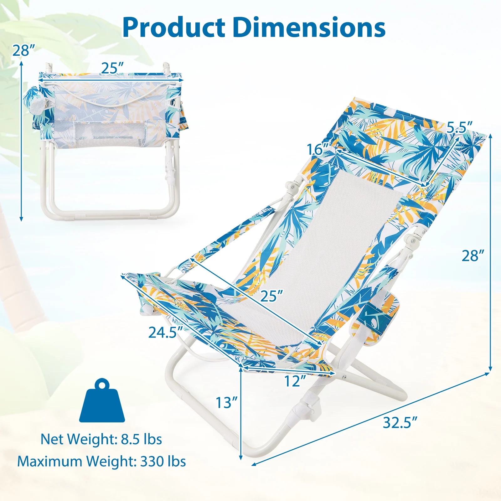 Folding Low Beach Chair Set of 2 Patio Sling Chairs with Padded Head Pillow, Blue - Image 5