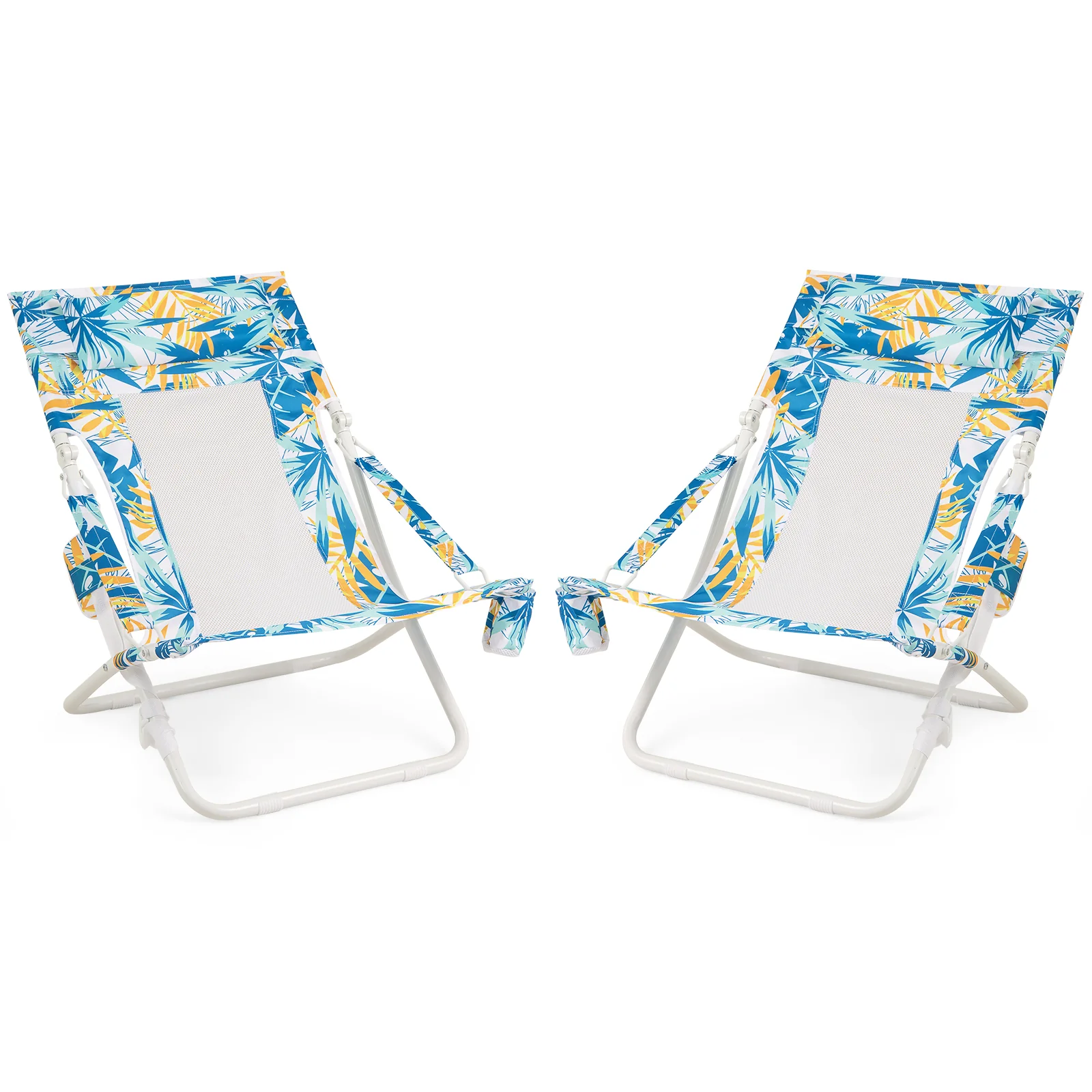 Folding Low Beach Chair Set of 2 Patio Sling Chairs with Padded Head Pillow, Blue - Image 6