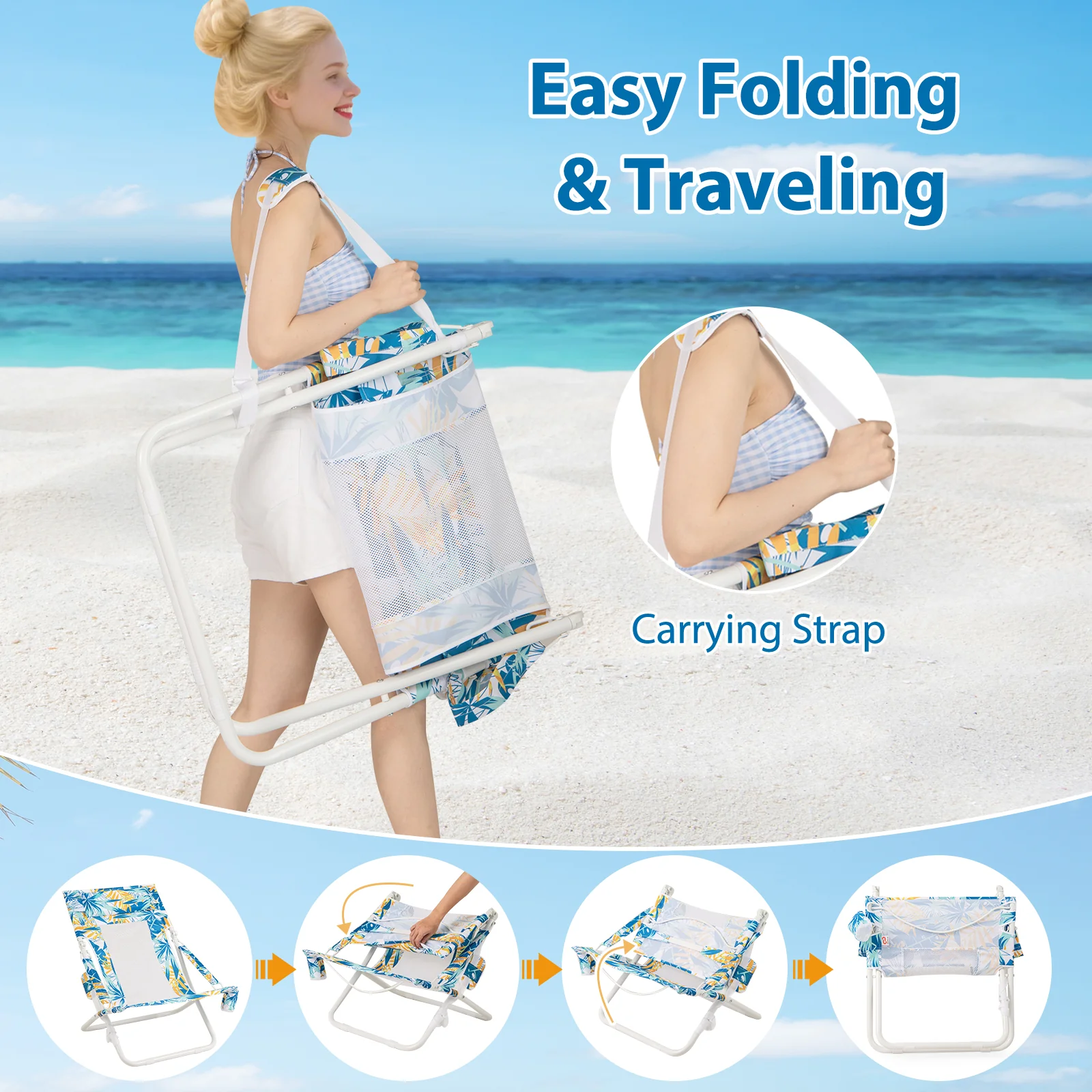 Folding Low Beach Chair Set of 2 Patio Sling Chairs with Padded Head Pillow, Blue - Image 8