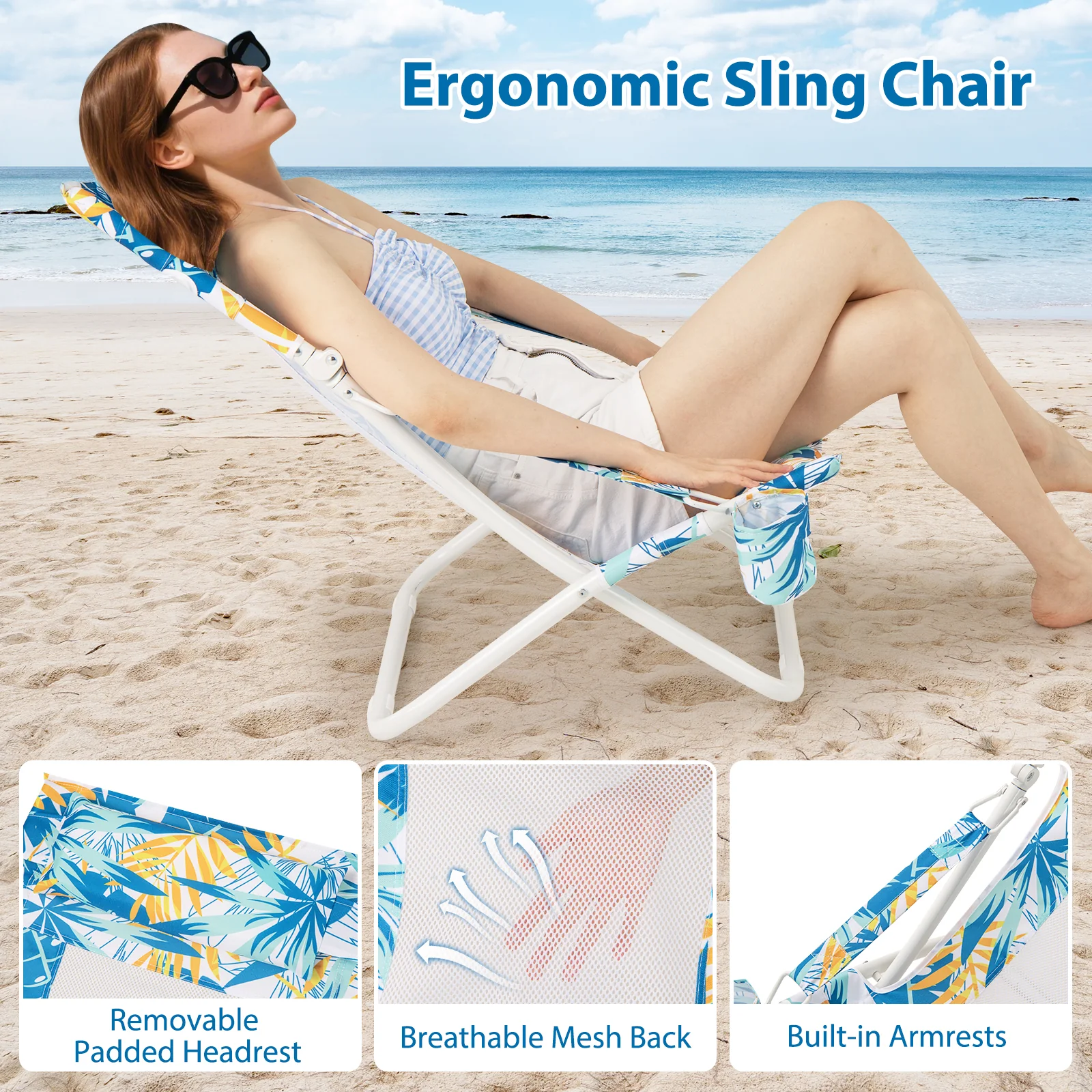 Folding Low Beach Chair Set of 2 Patio Sling Chairs with Padded Head Pillow, Blue - Image 9