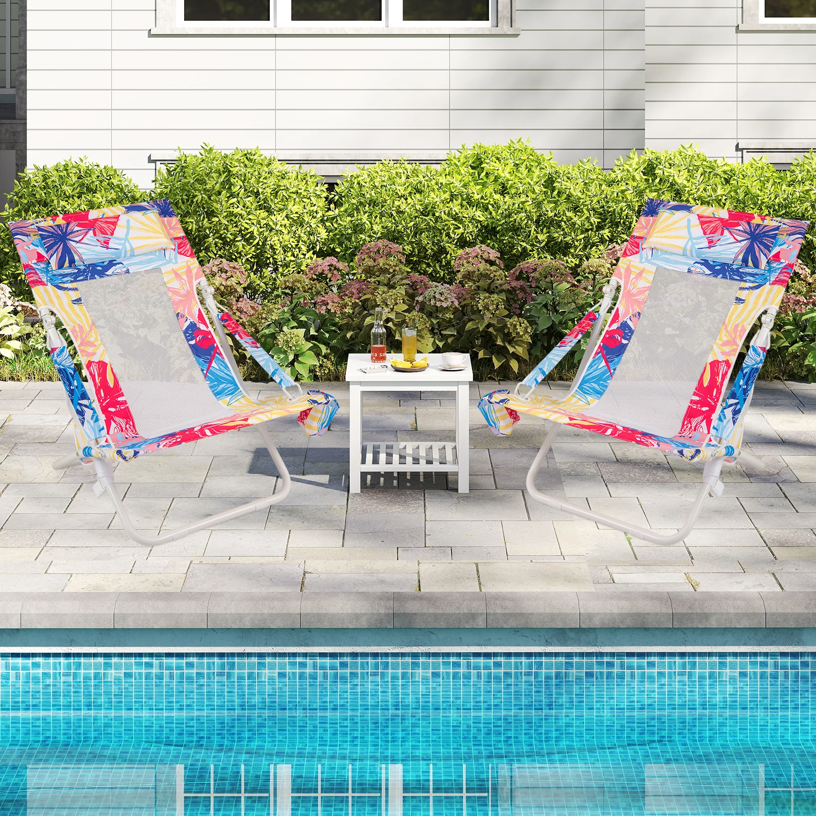 Folding Low Beach Chair Set of 2 Patio Sling Chairs with Padded Head Pillow, Pink - Image 2