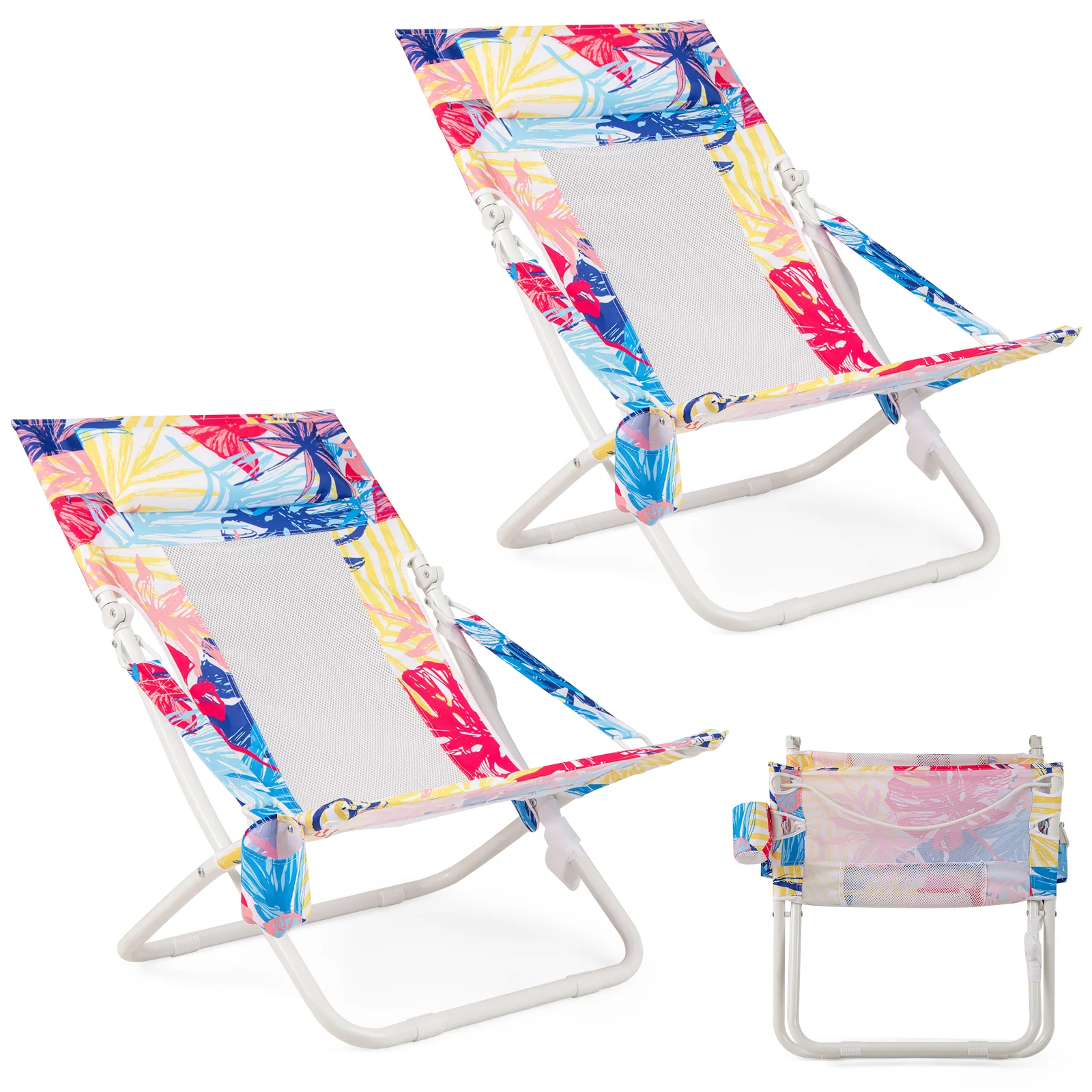 Folding Low Beach Chair Set of 2 Patio Sling Chairs with Padded Head Pillow, Pink - Image 4