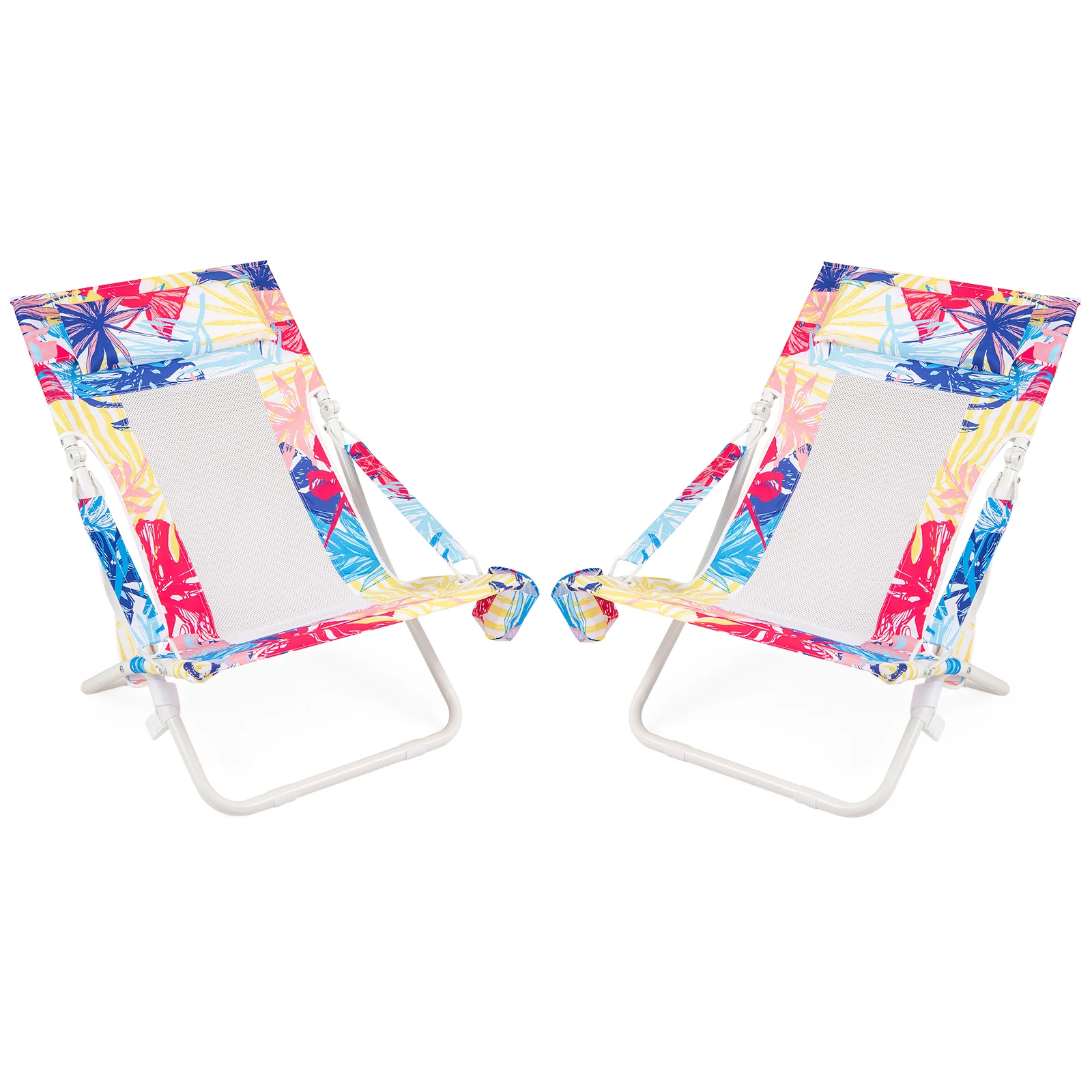 Folding Low Beach Chair Set of 2 Patio Sling Chairs with Padded Head Pillow, Pink - Image 5