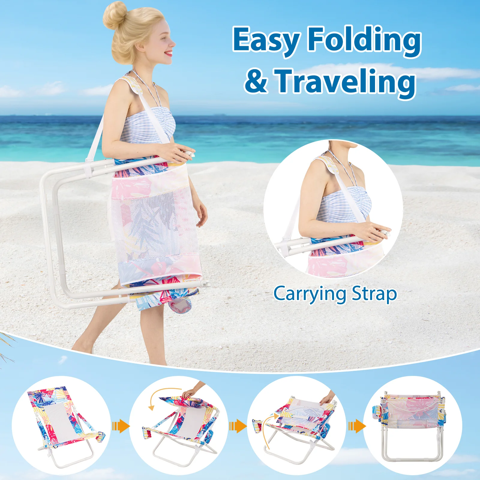 Folding Low Beach Chair Set of 2 Patio Sling Chairs with Padded Head Pillow, Pink - Image 8