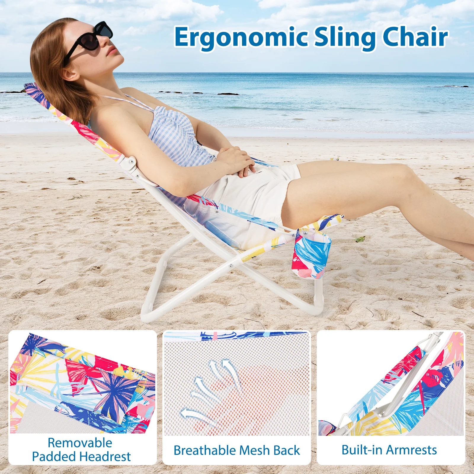 Folding Low Beach Chair Set of 2 Patio Sling Chairs with Padded Head Pillow, Pink - Image 9
