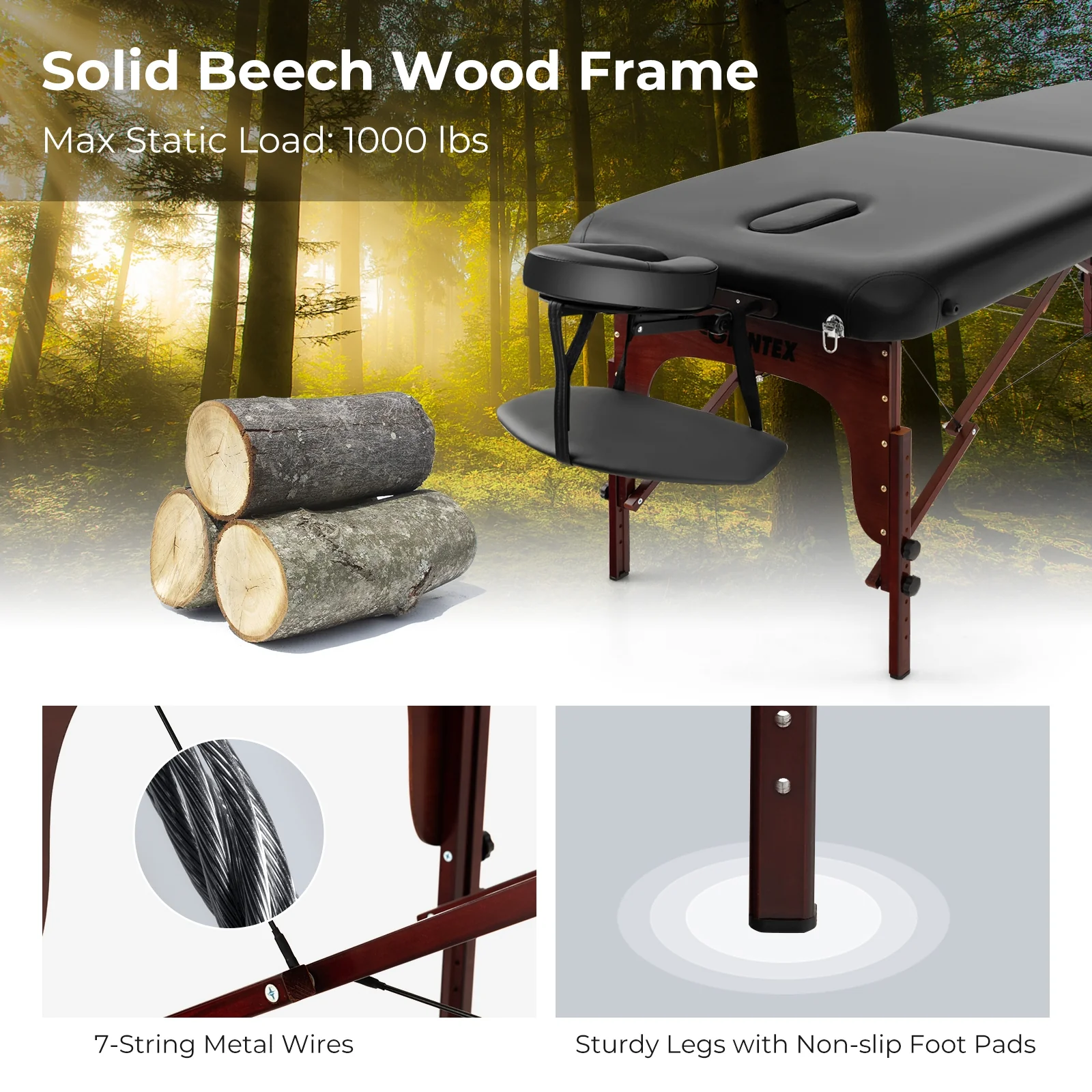 Folding Massage Table, Height-Adjustable Beech Wood Frame, Black - Image 10