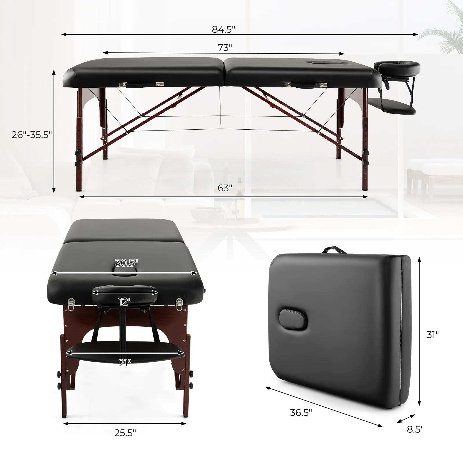 Folding Massage Table, Height-Adjustable Beech Wood Frame, Black - Image 5