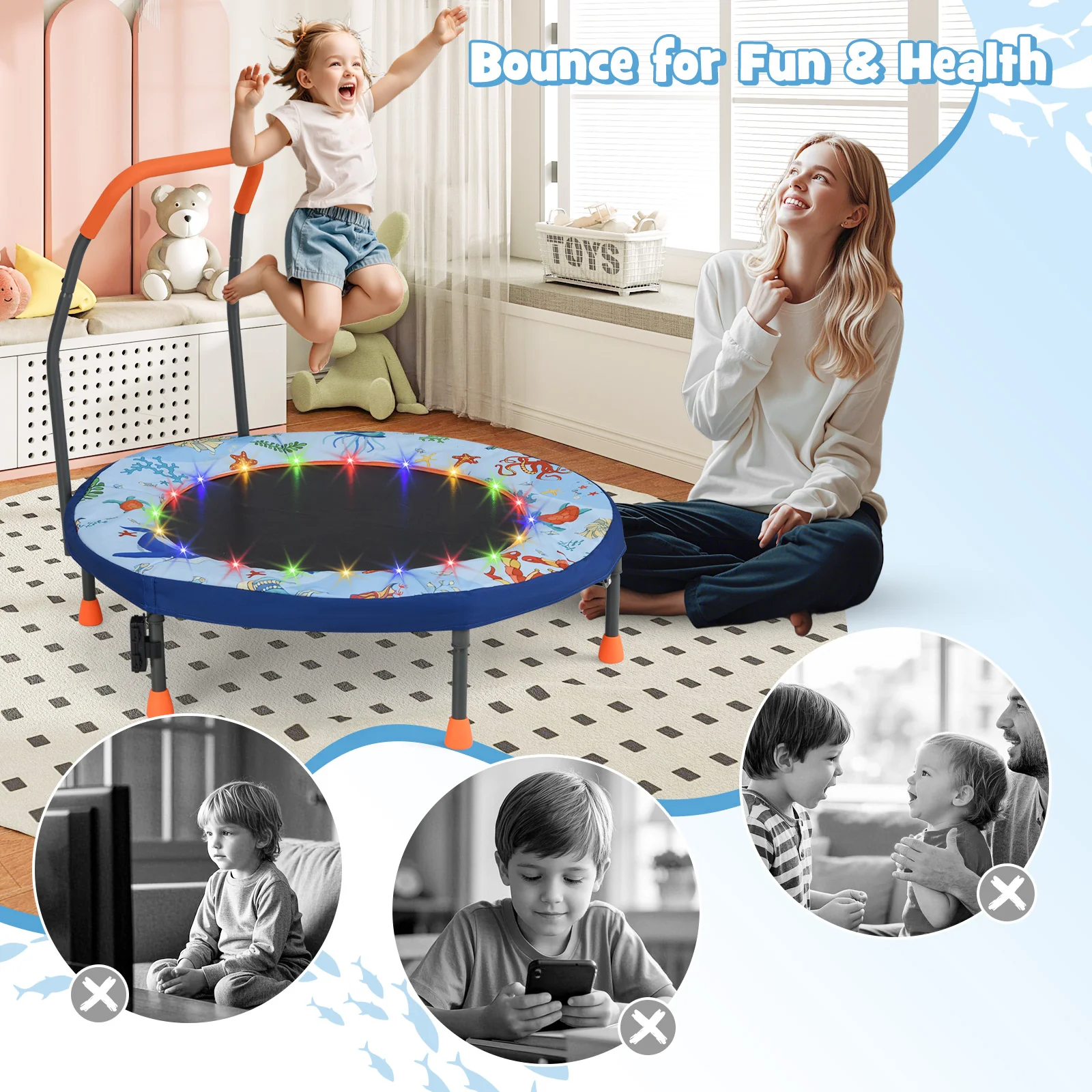 Folding Mini Trampoline With Lights, Kids Rebounder, Blue - Image 10