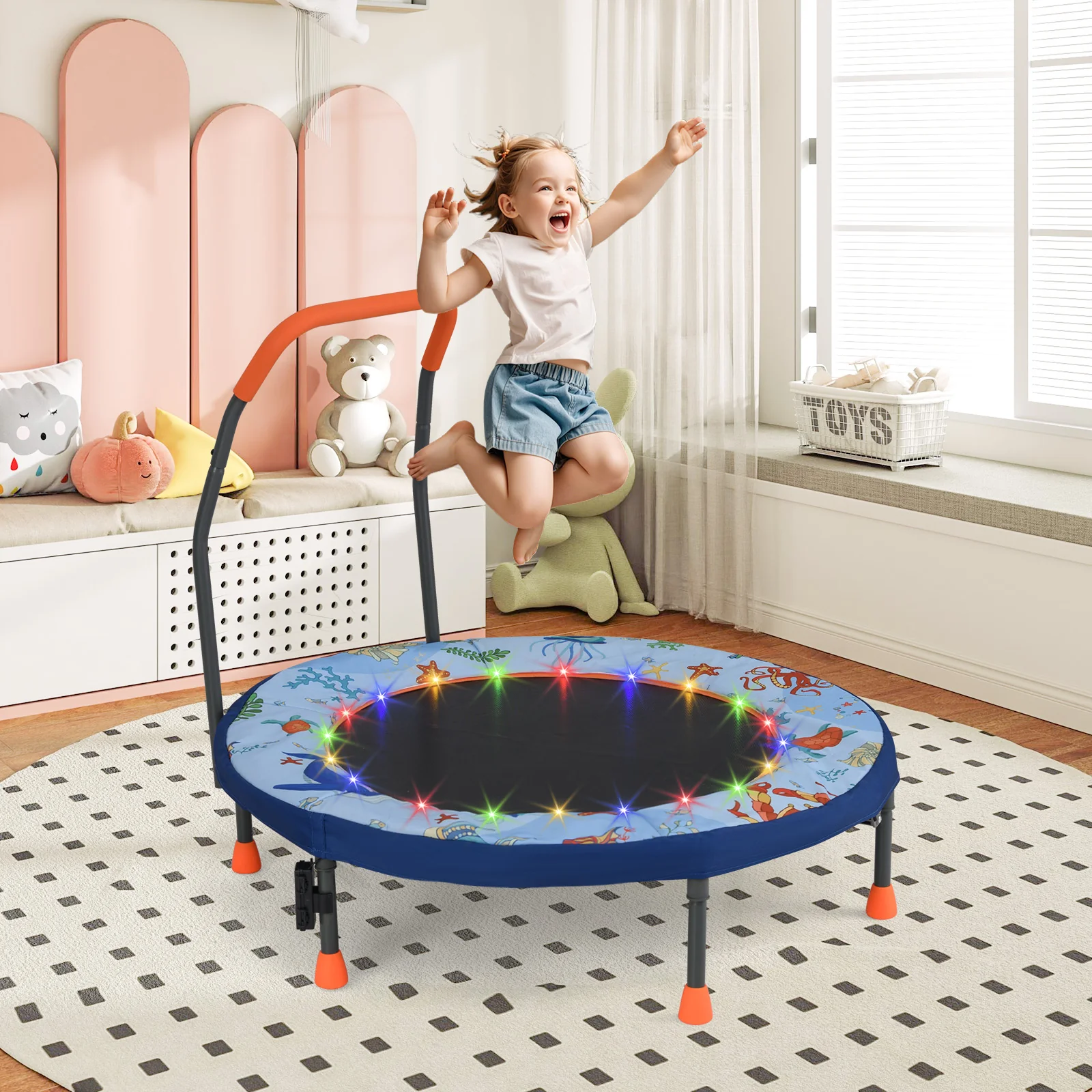 Folding Mini Trampoline With Lights, Kids Rebounder, Blue - Image 2