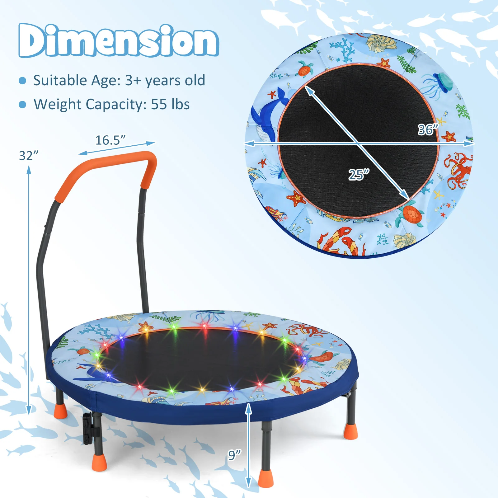 Folding Mini Trampoline With Lights, Kids Rebounder, Blue - Image 5