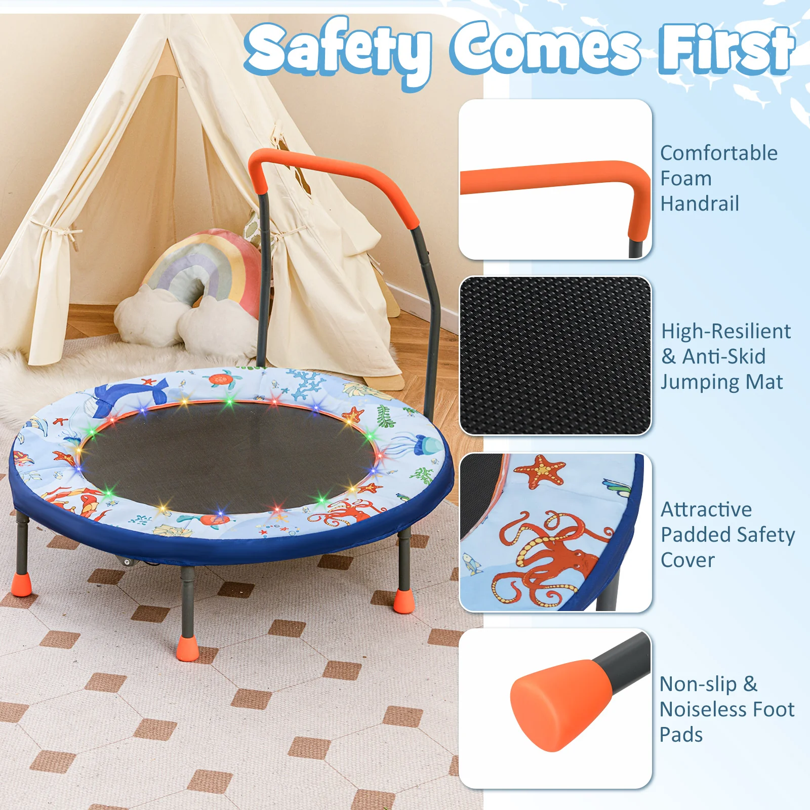 Folding Mini Trampoline With Lights, Kids Rebounder, Blue - Image 7