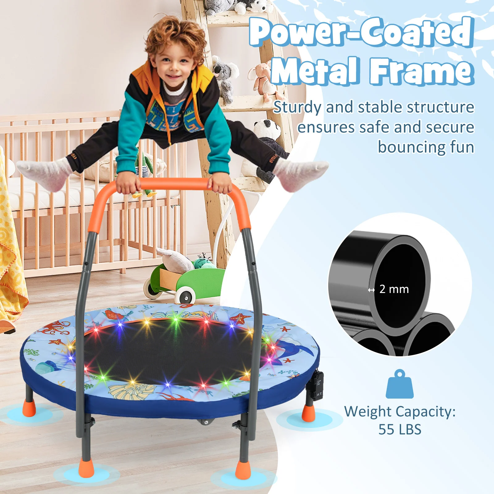 Folding Mini Trampoline With Lights, Kids Rebounder, Blue - Image 9