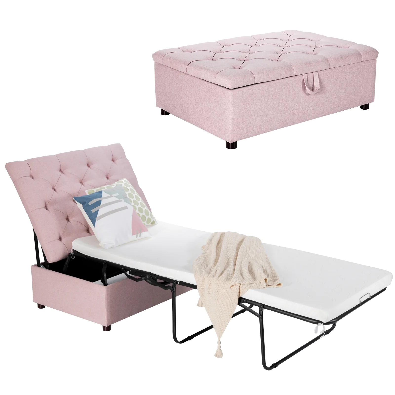 Folding Ottoman Sleeper Bed With Mattress, Pink